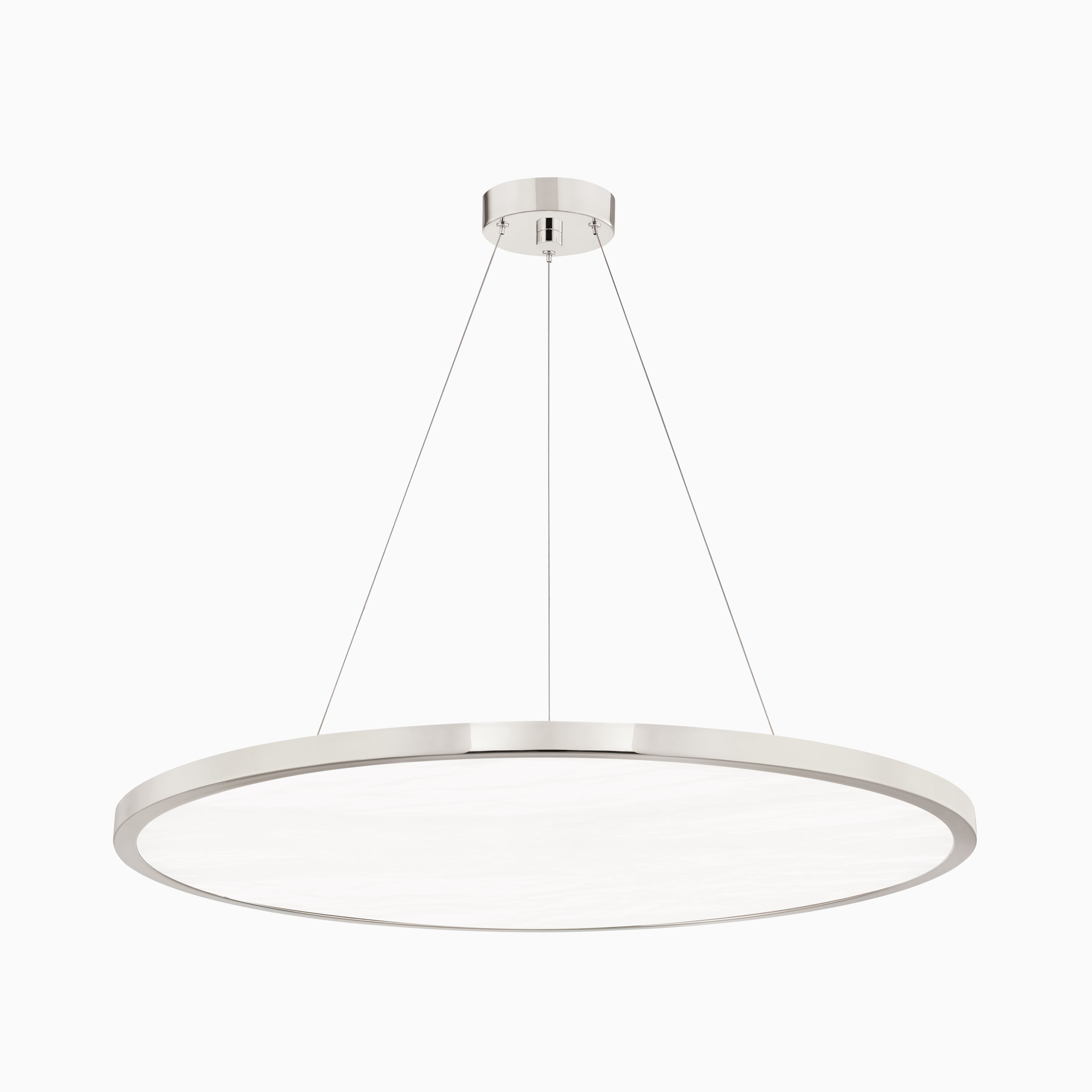 36" polished nickel chandelier with slim circular frame, suspended cables, and alabaster diffuser for a sleek modern minimalist design.