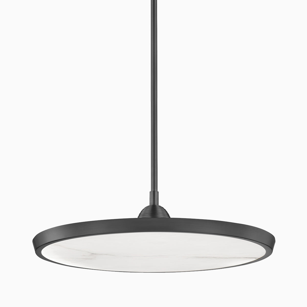 Sleek round pendant light in old bronze finish with a flat circular shade, suspended by a rod for modern minimalist style.