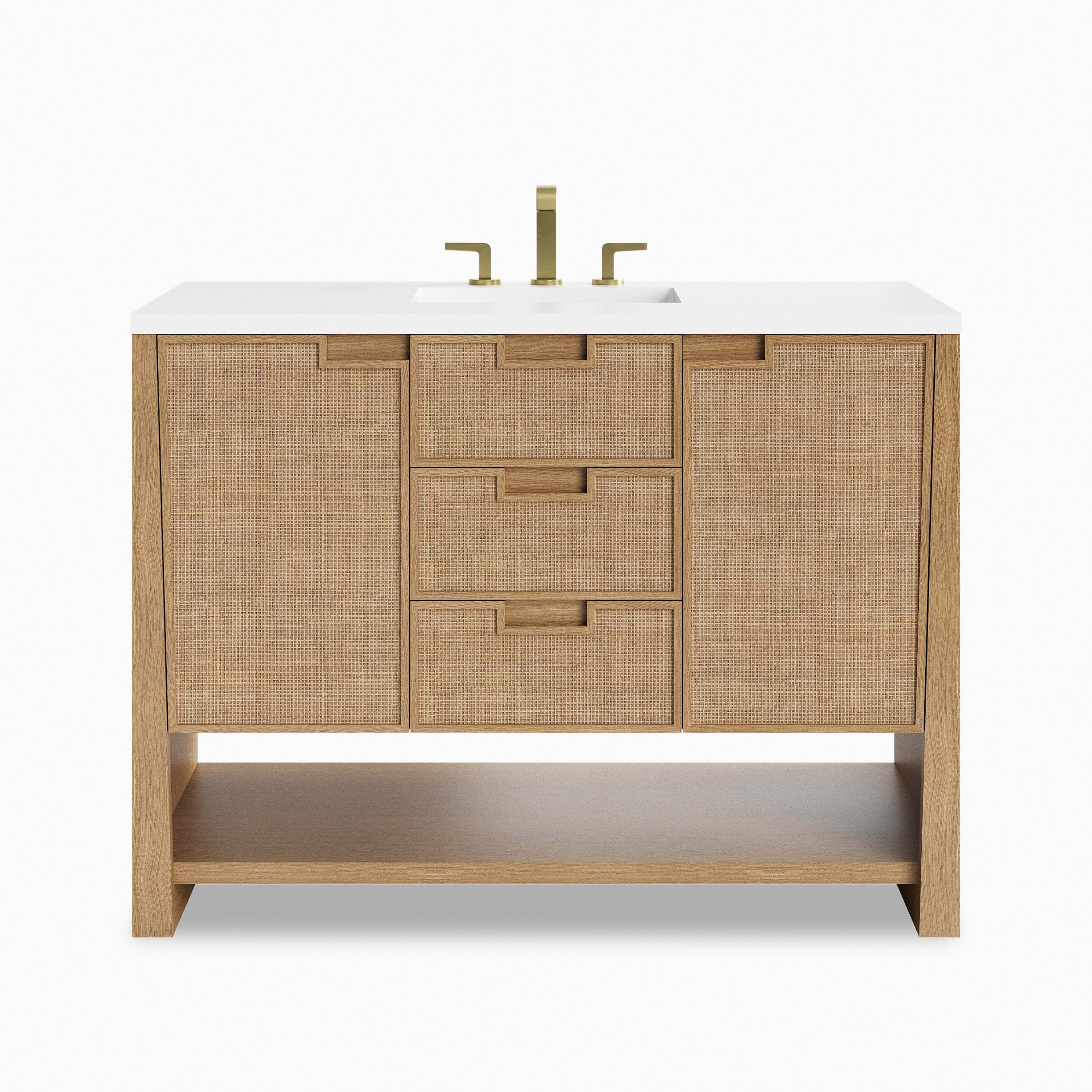 48" Seaside Oak vanity with integrated white Zeus quartz sink, handwoven cane doors, soft-close drawers, and built-in USB outlet.