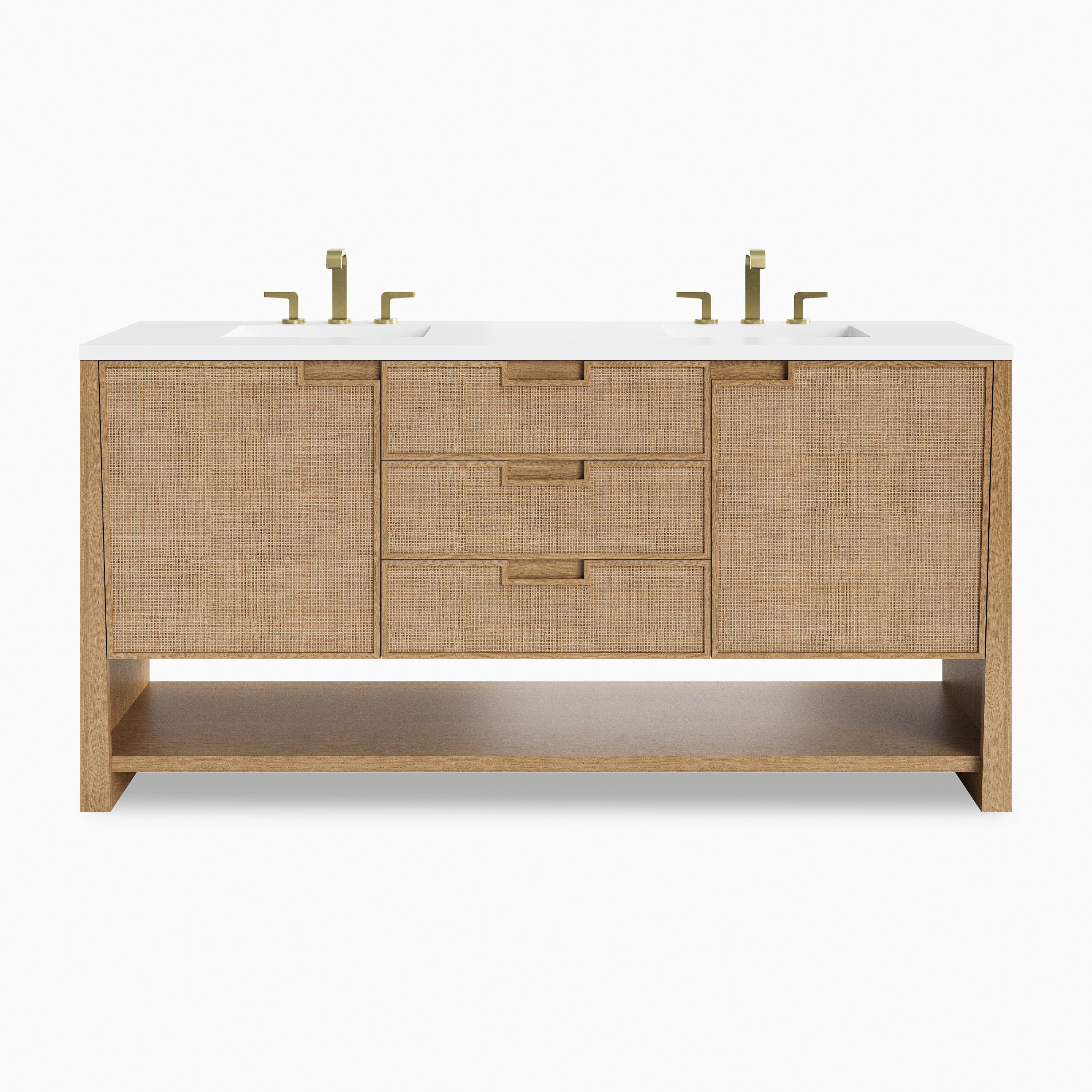 72" Seaside Oak double vanity with white Zeus quartz top, dual sinks, cane panel doors, soft-close drawers, and USB outlets.