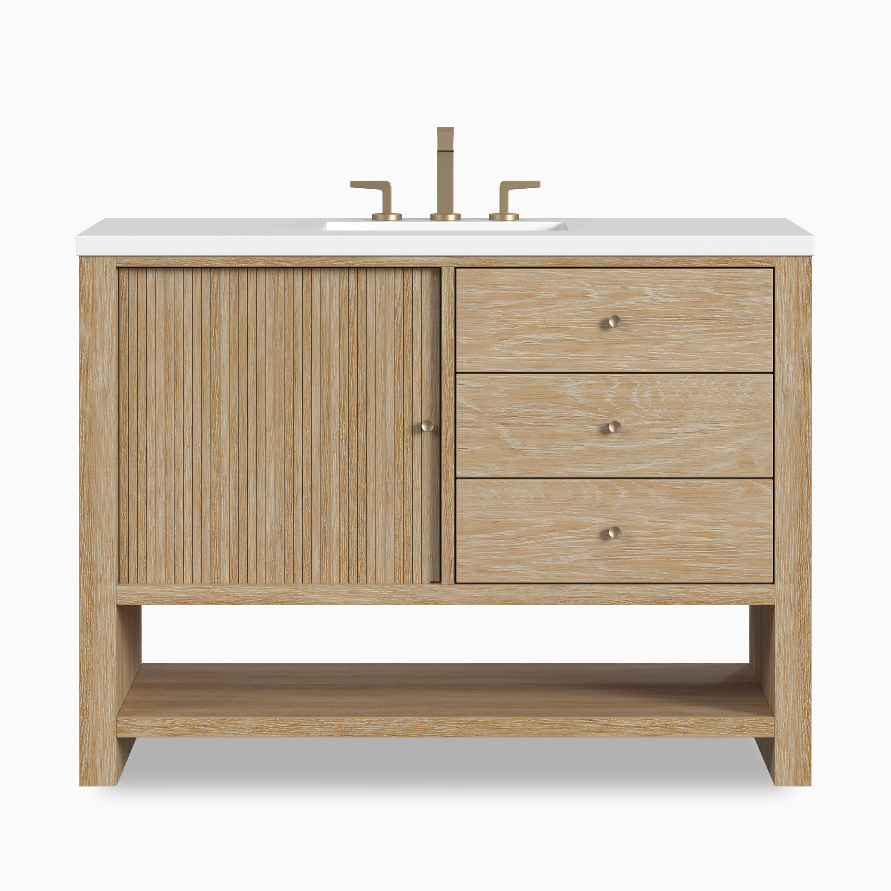Holly 48" single vanity in sunwashed oak featuring a fluted door, three drawers, open shelf, and a quartz top.
