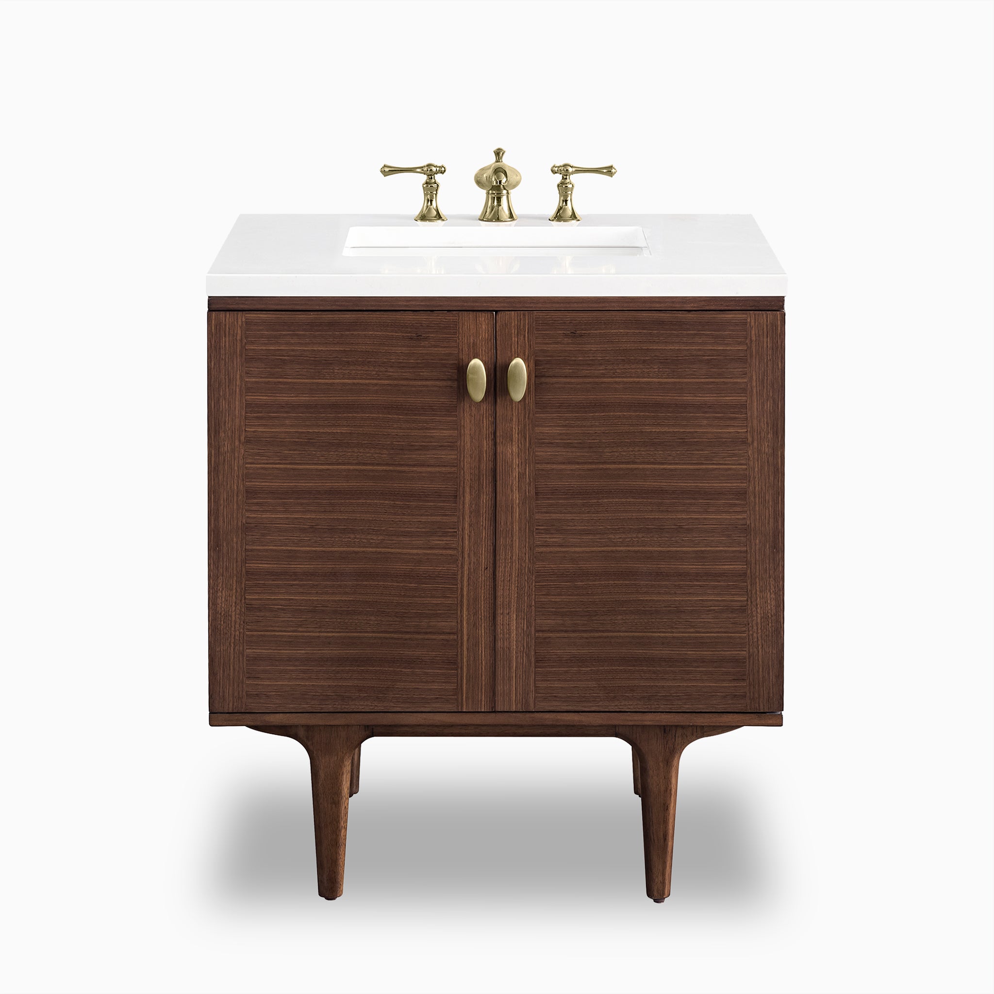 30" single vanity in mid-century walnut with white zeus quartz top, brass hardware, and fluted doors on tapered console legs.