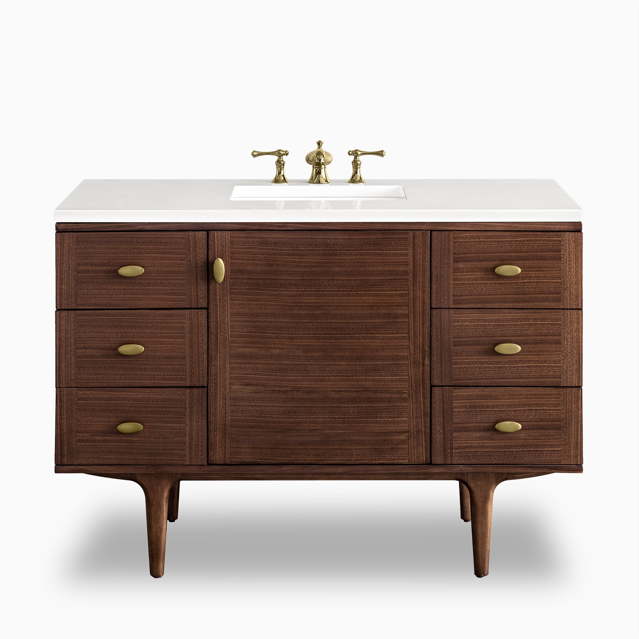 48" single vanity in mid-century walnut with white zeus quartz top, brass hardware, fluted center door, and six side drawers.