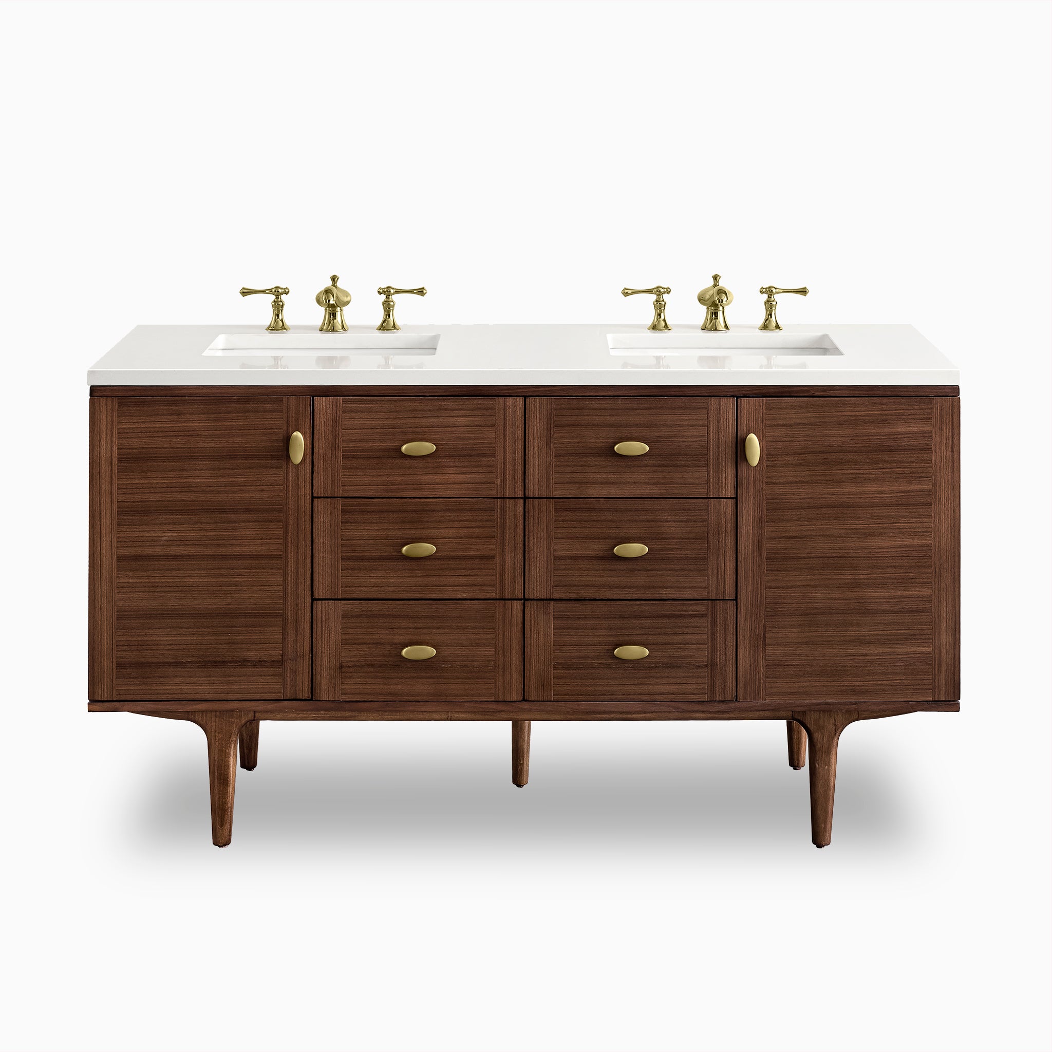 60" double vanity in mid-century walnut with white zeus quartz top, brass hardware, fluted side doors, and six center drawers.
