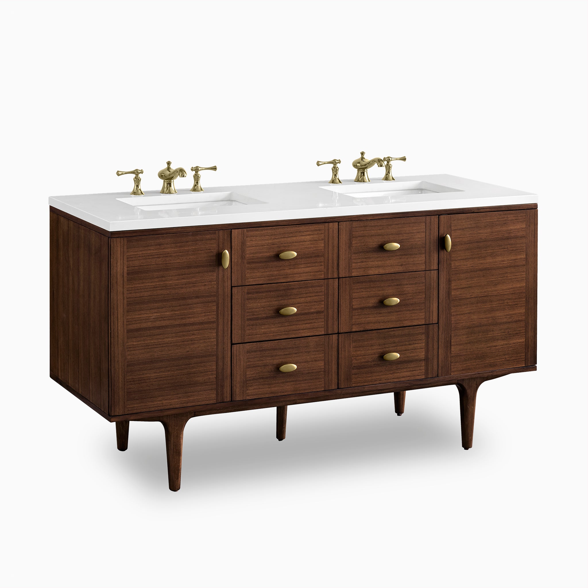 Demi 60" Double Vanity in Mid-Century Walnut with 3 cm White Zeus Quartz Top