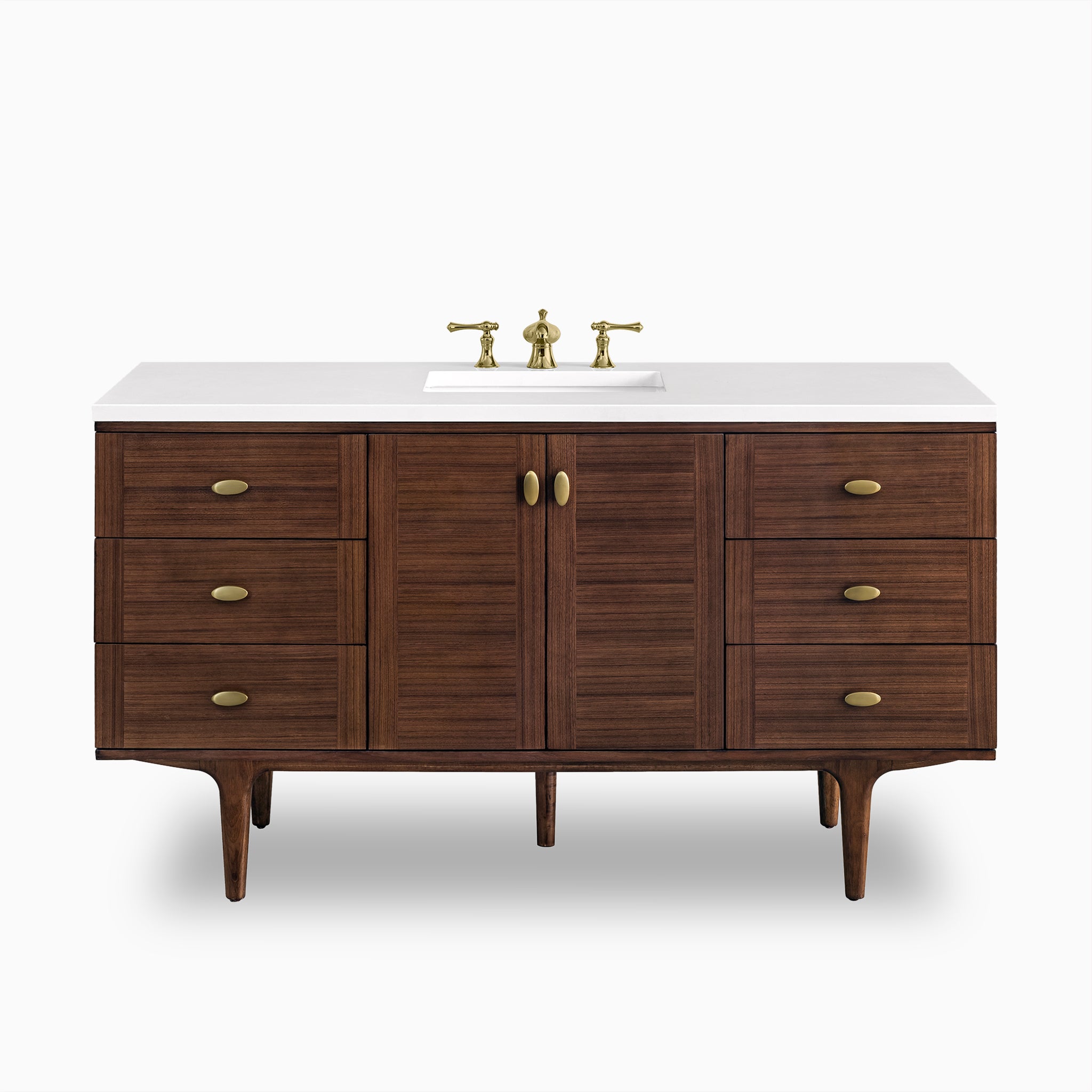 60" single vanity in mid-century walnut with white zeus quartz top, brass hardware, and fluted doors flanked by stacked drawers.