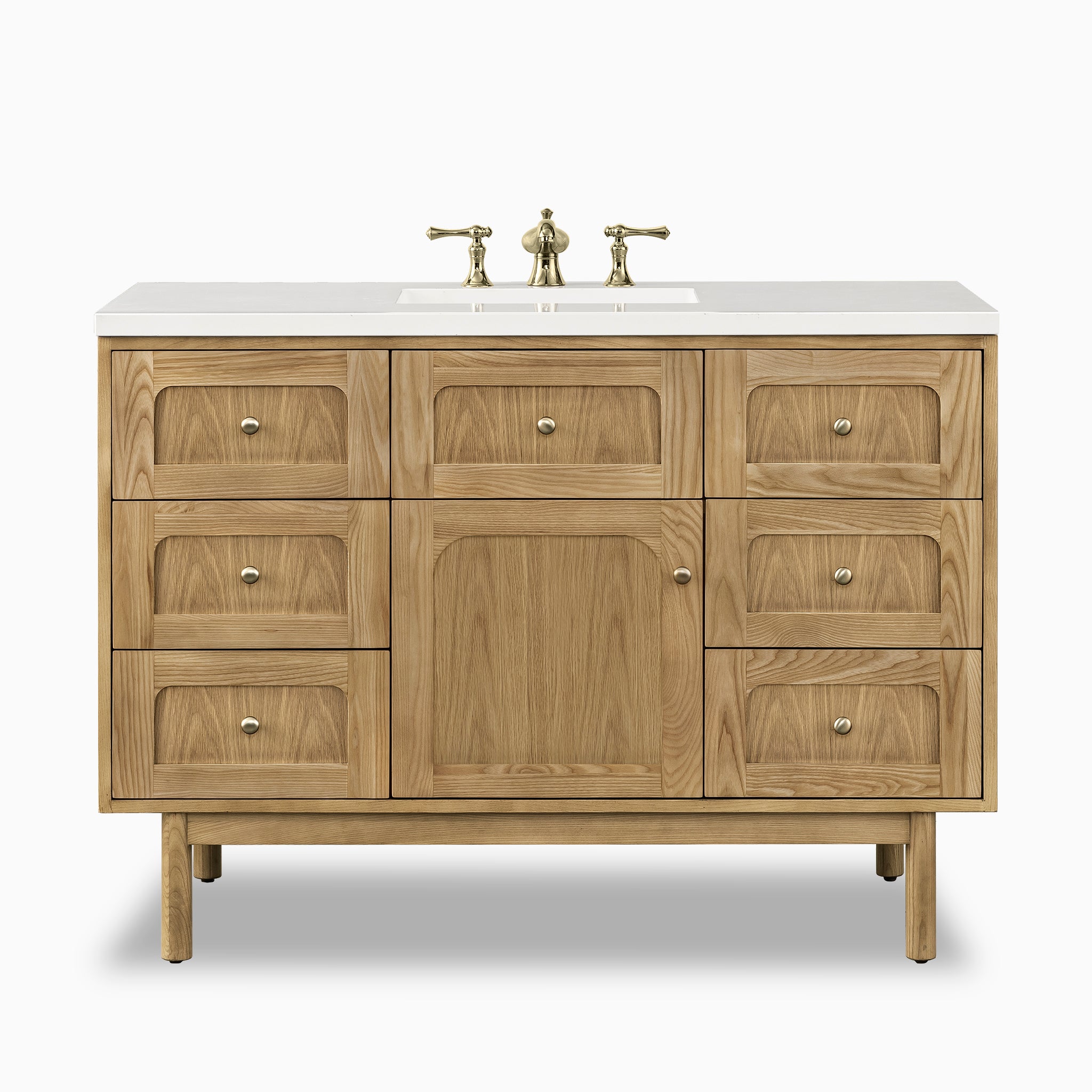 48" single vanity in light natural oak with central arched door and spacious drawers, topped with a white quartz countertop.
