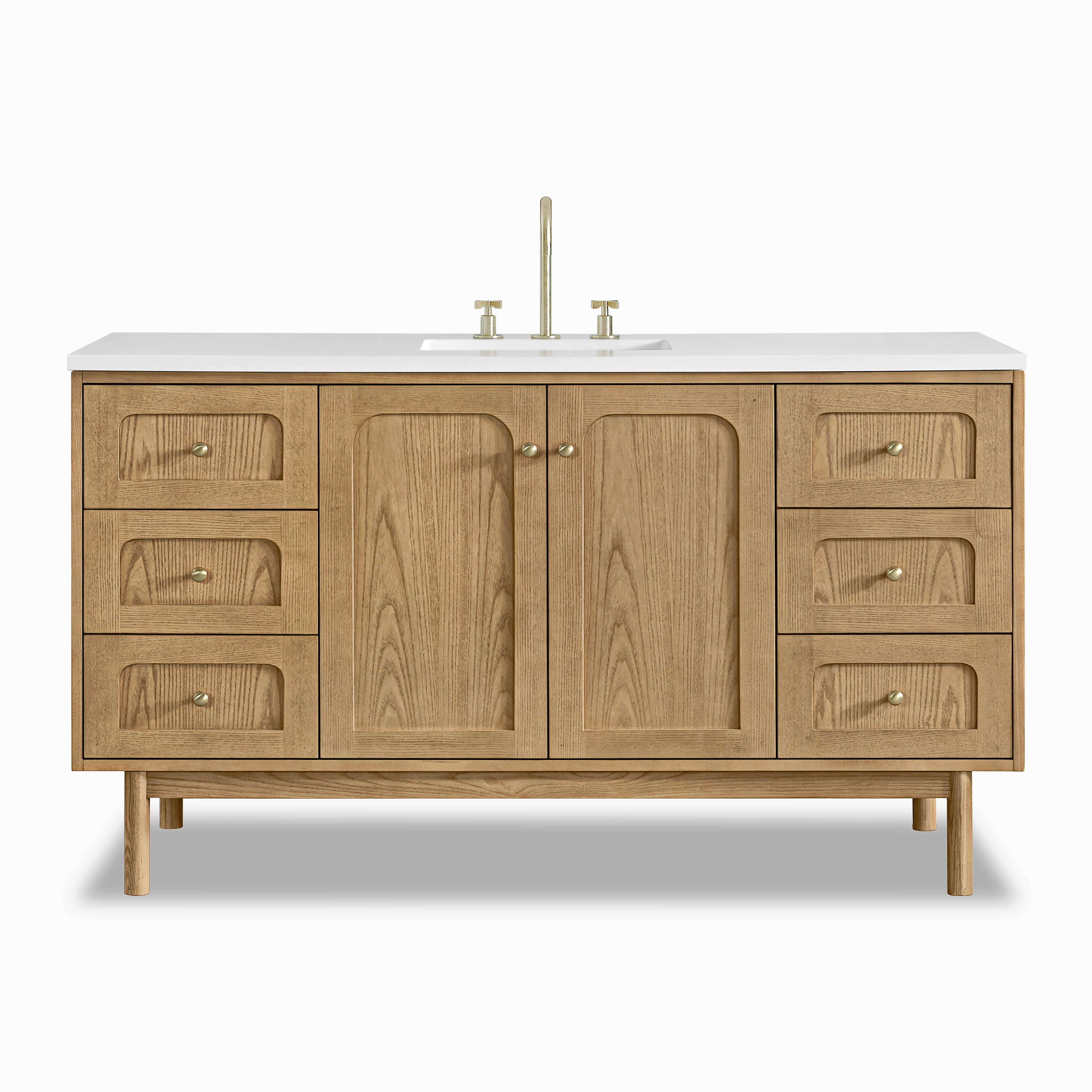 Abigail 60" single vanity in light natural oak with six side drawers and elegant arched panel doors below a crisp white quartz countertop.
