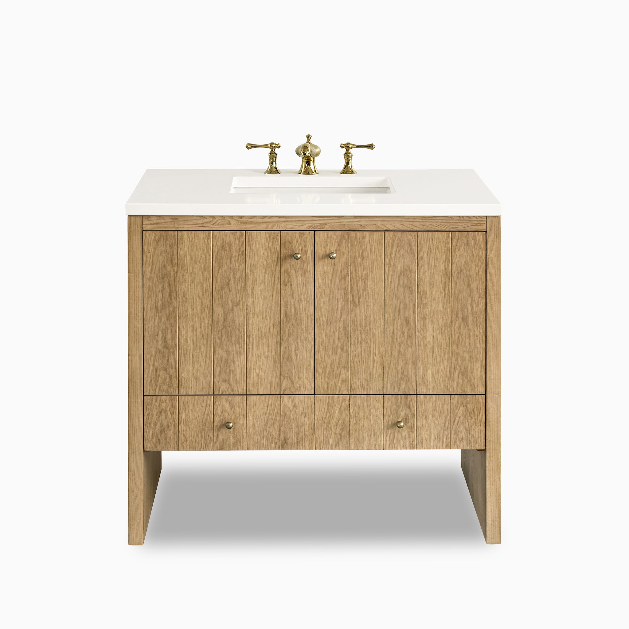 The Gabriella 36" Vanity in Light Natural Oak includes a sleek White Zeus quartz top, fluted front doors, full-width drawer, and soft champagne brass hardware accents.