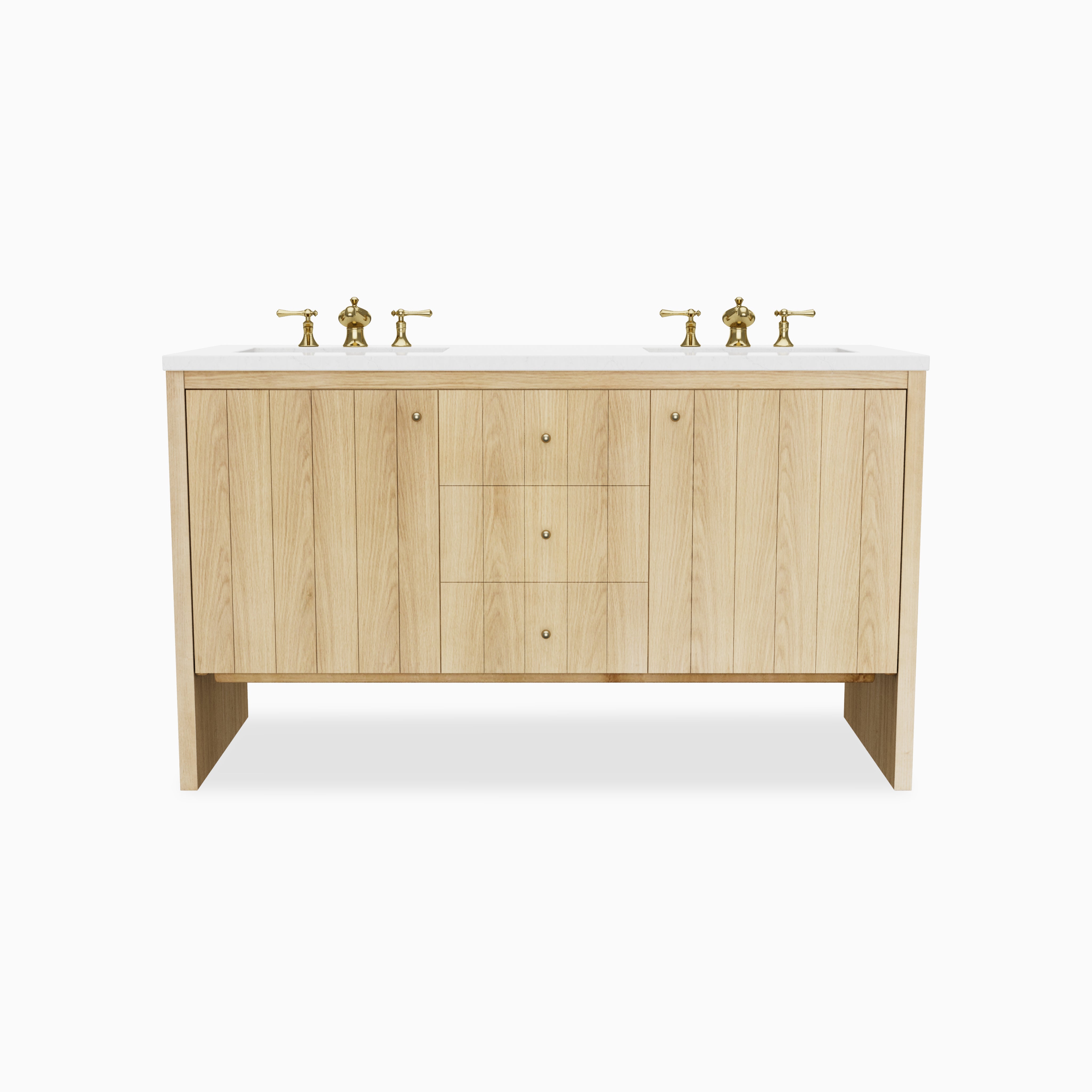 Gabriella 60" double vanity in light natural oak featuring flat-panel cabinet doors, three center drawers with brass knobs, open base legs, and a 3 cm Eternal Jasmine Pearl quartz countertop with dual integrated sinks and brass faucets
