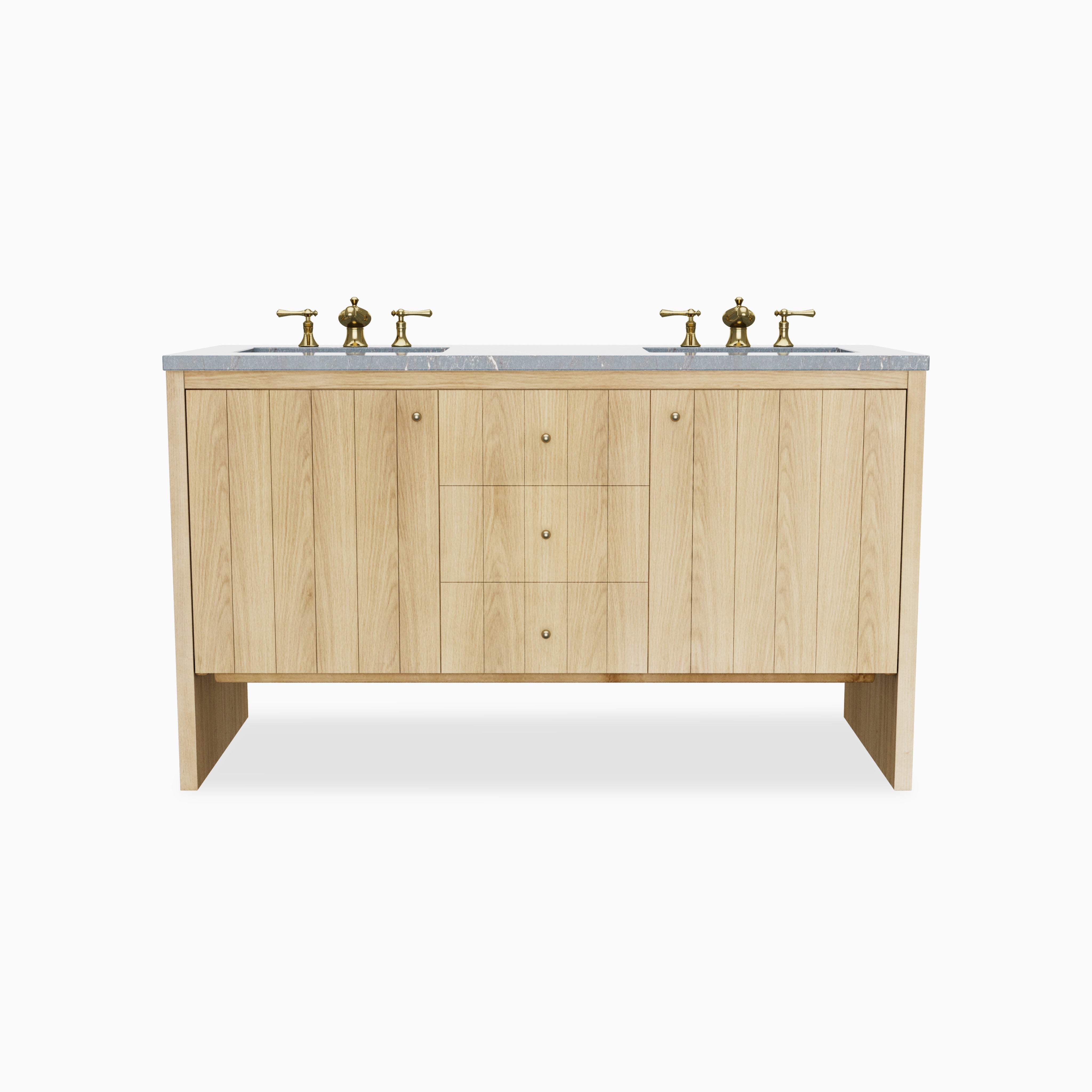 Gabriella 60" double vanity in light natural oak with flat-panel cabinet doors, three center drawers and brass knobs, open base legs, and a 3 cm Parisien Bleu quartz countertop with dual integrated sinks and brass faucets