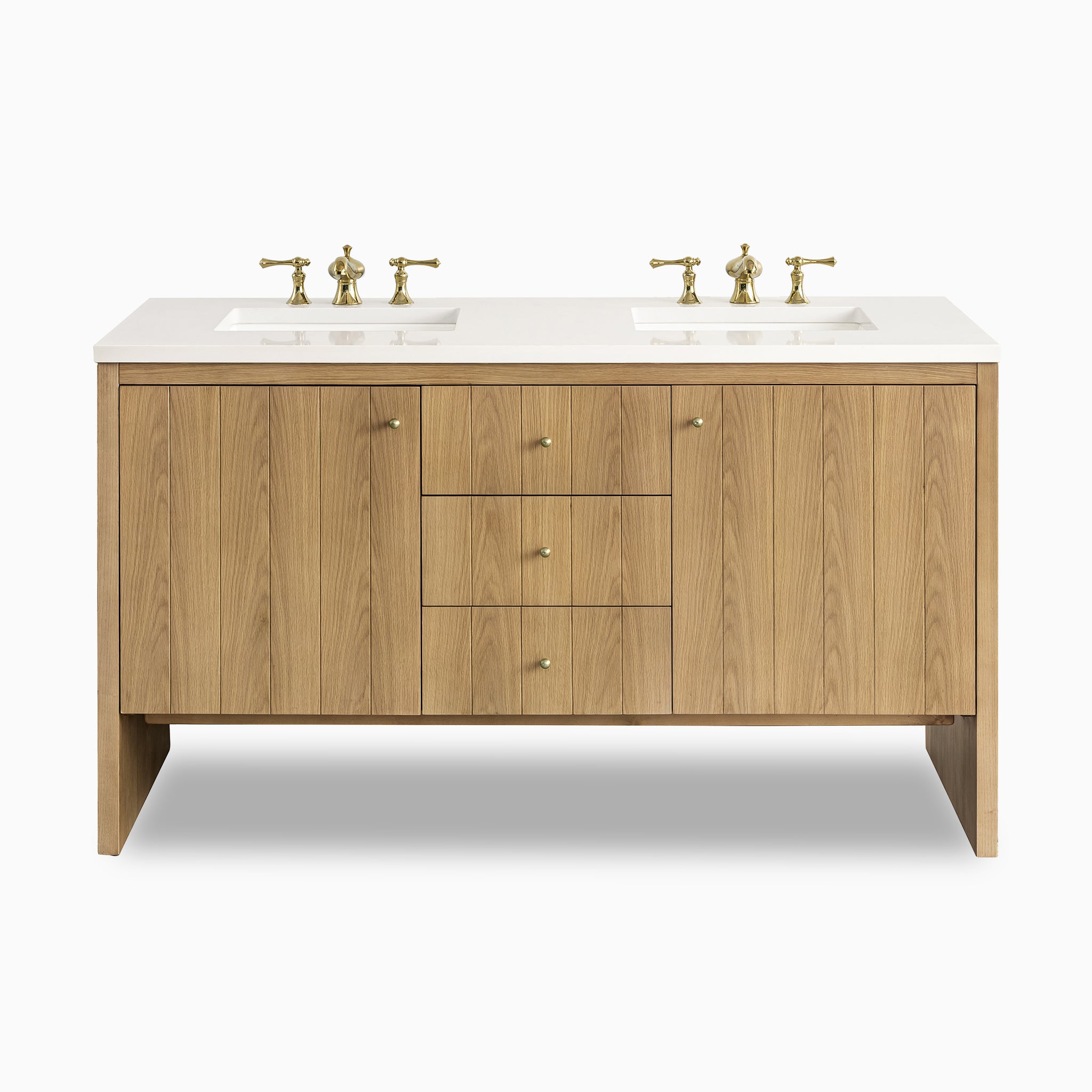 With dual sinks and warm oak tones, the Gabriella 60" Double Vanity includes a White Zeus Quartz Top, brass hardware, and discreet power access.