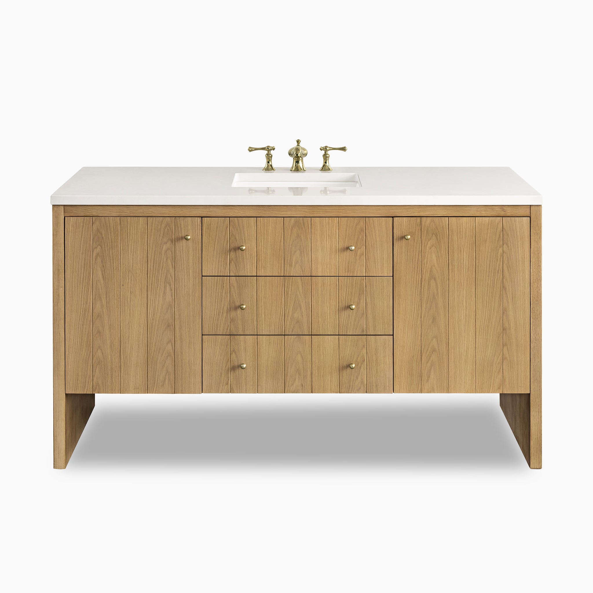 Designed with subtle texture and symmetry, the Gabriella 60" Single Vanity in Light Natural Oak with White Zeus Top features champagne brass hardware and fluted paneling.