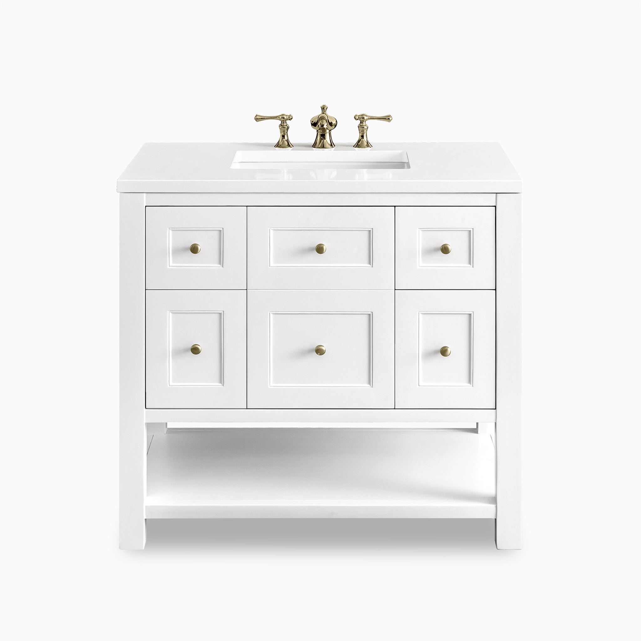 Bright white single vanity with a cabinet, built-in power and USB outlet, drawers, an open base shelf and champagne brass hardware.