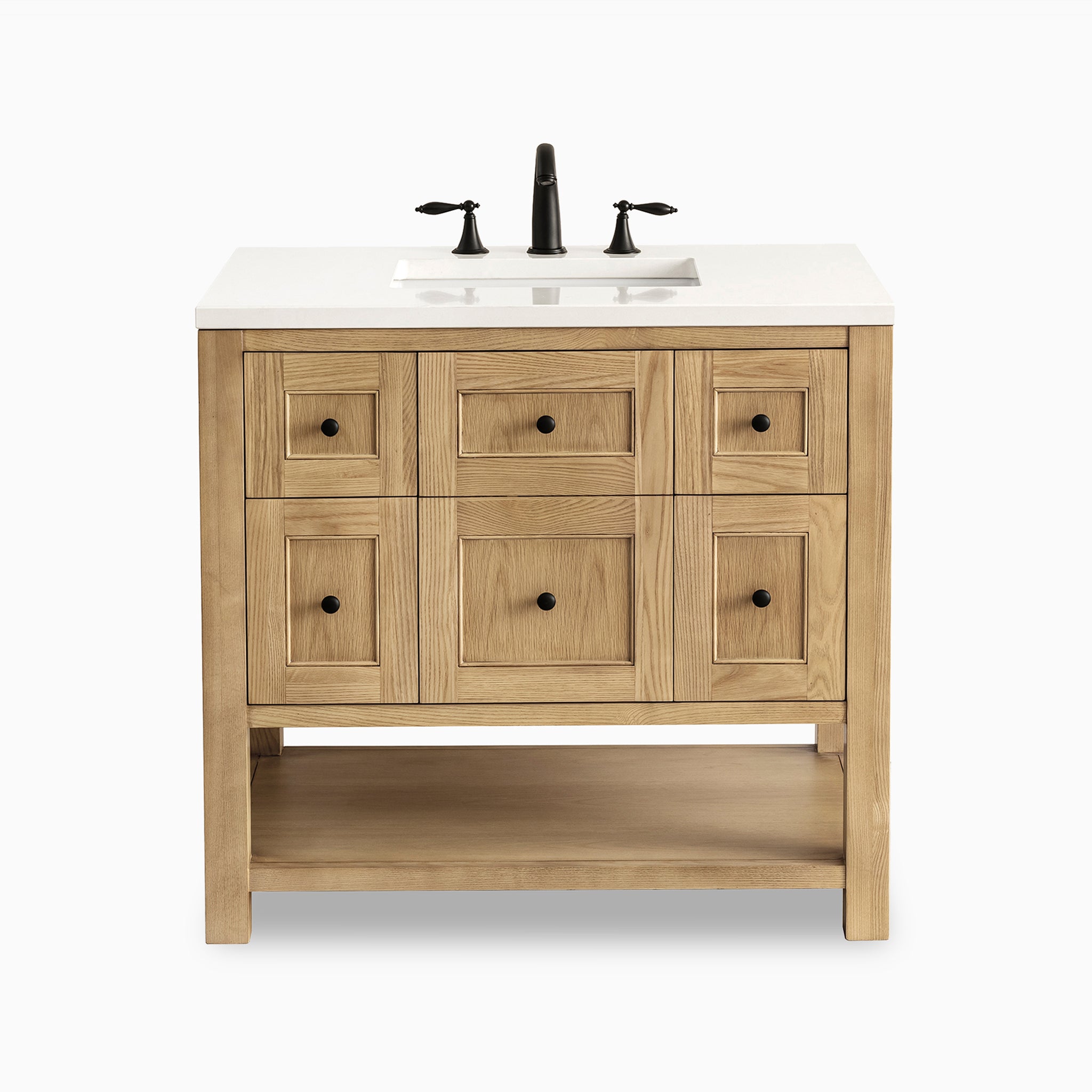 Bridgette 36" freestanding single vanity in light natural oak with black hardware and crisp white countertop.