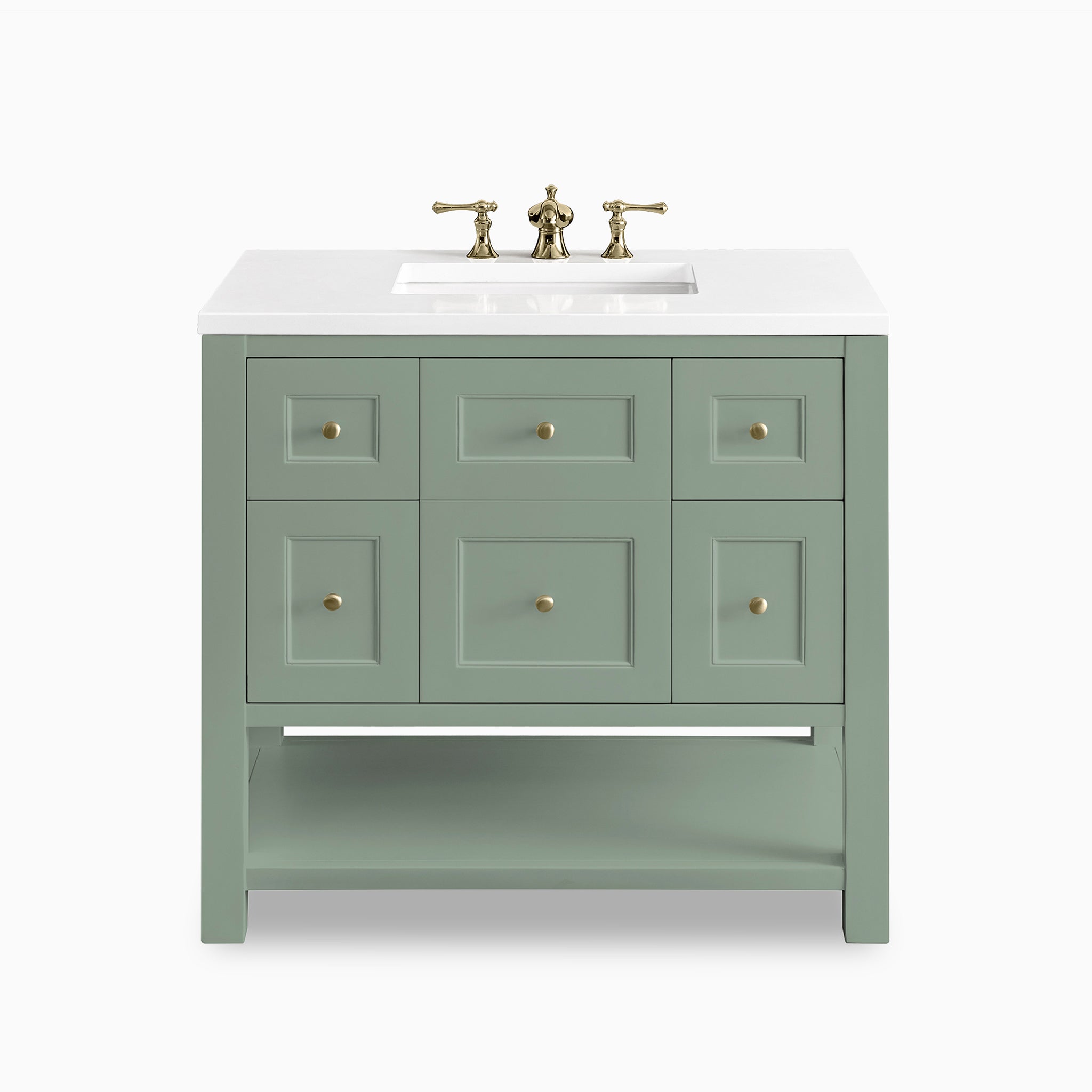 Bridgette 36" freestanding single vanity in soft green with champagne brass knobs and white quartz countertop.