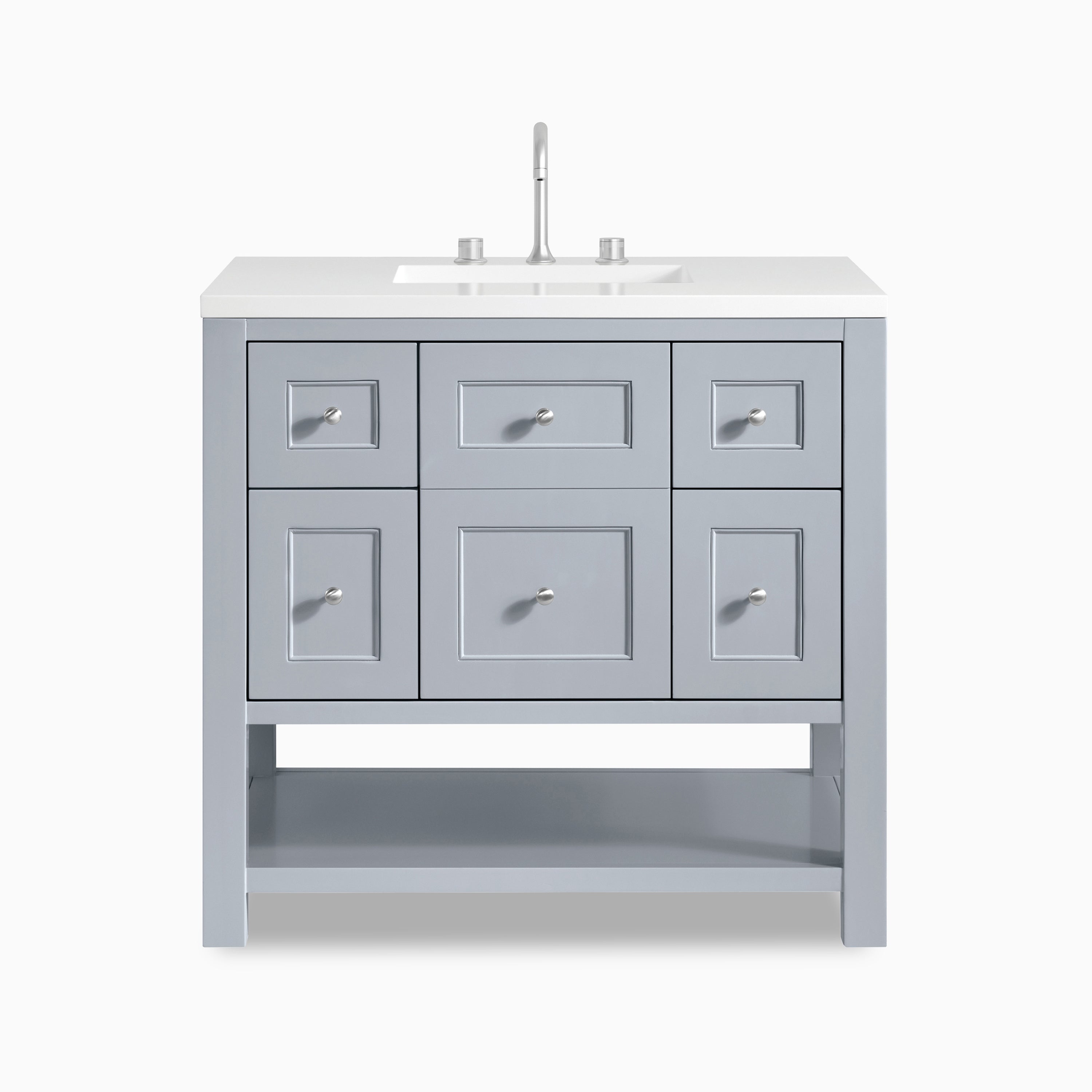 Bridgette 36" freestanding single vanity in serenity blue with satin nickel knobs and a crisp white quartz countertop.