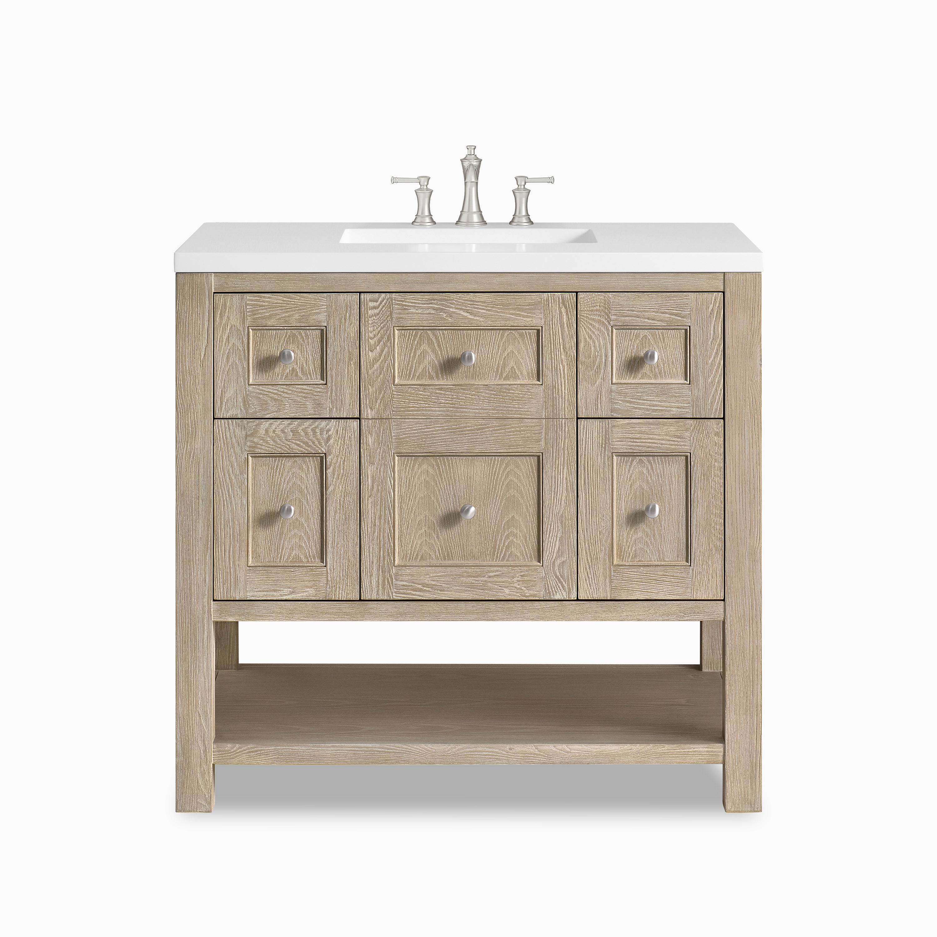 Bridgette 36" freestanding single vanity in whitewashed oak with satin nickel knobs and a sleek white quartz countertop.