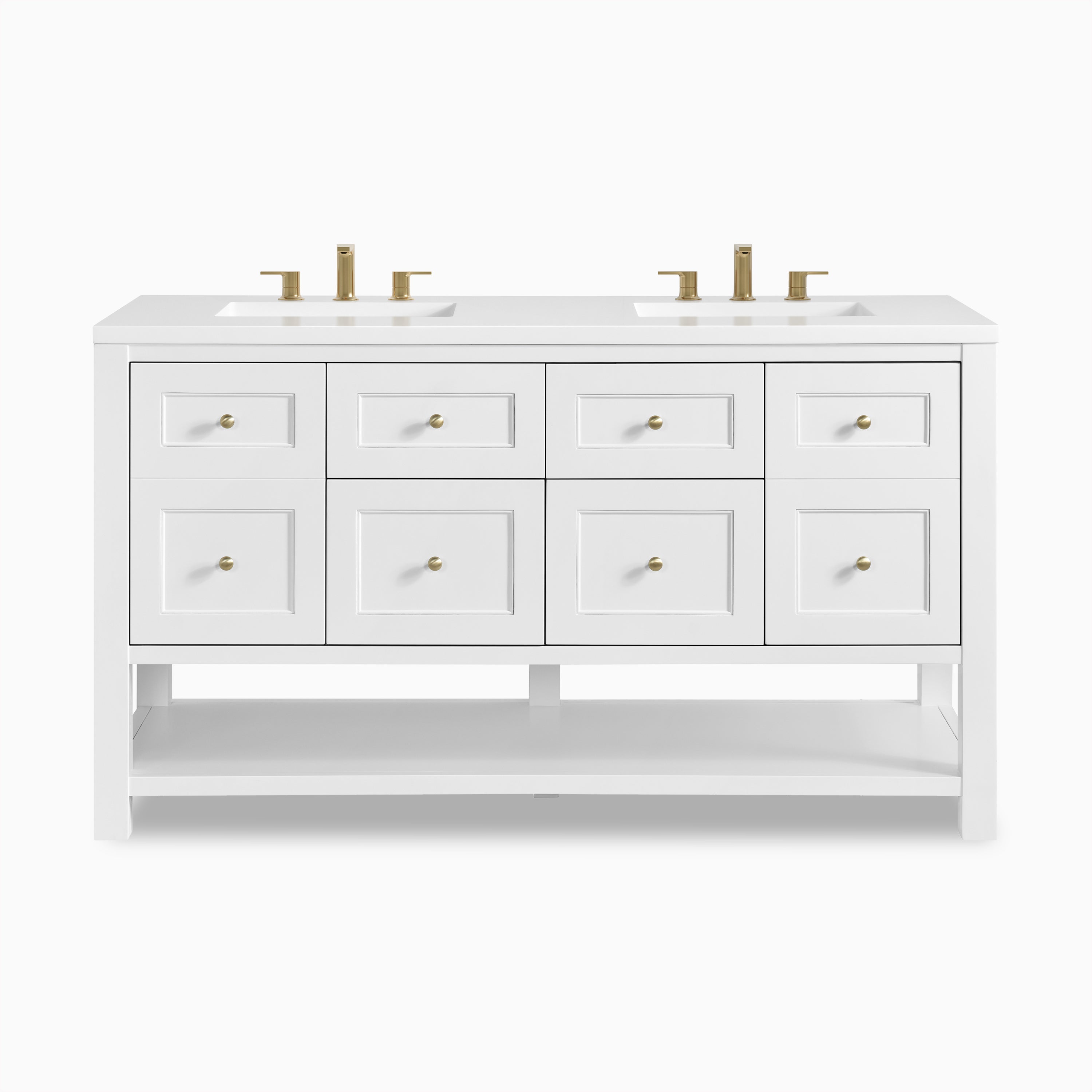 Bridgette 60" freestanding double vanity in bright white with twin sinks, gold-tone faucets, and matching round knobs.