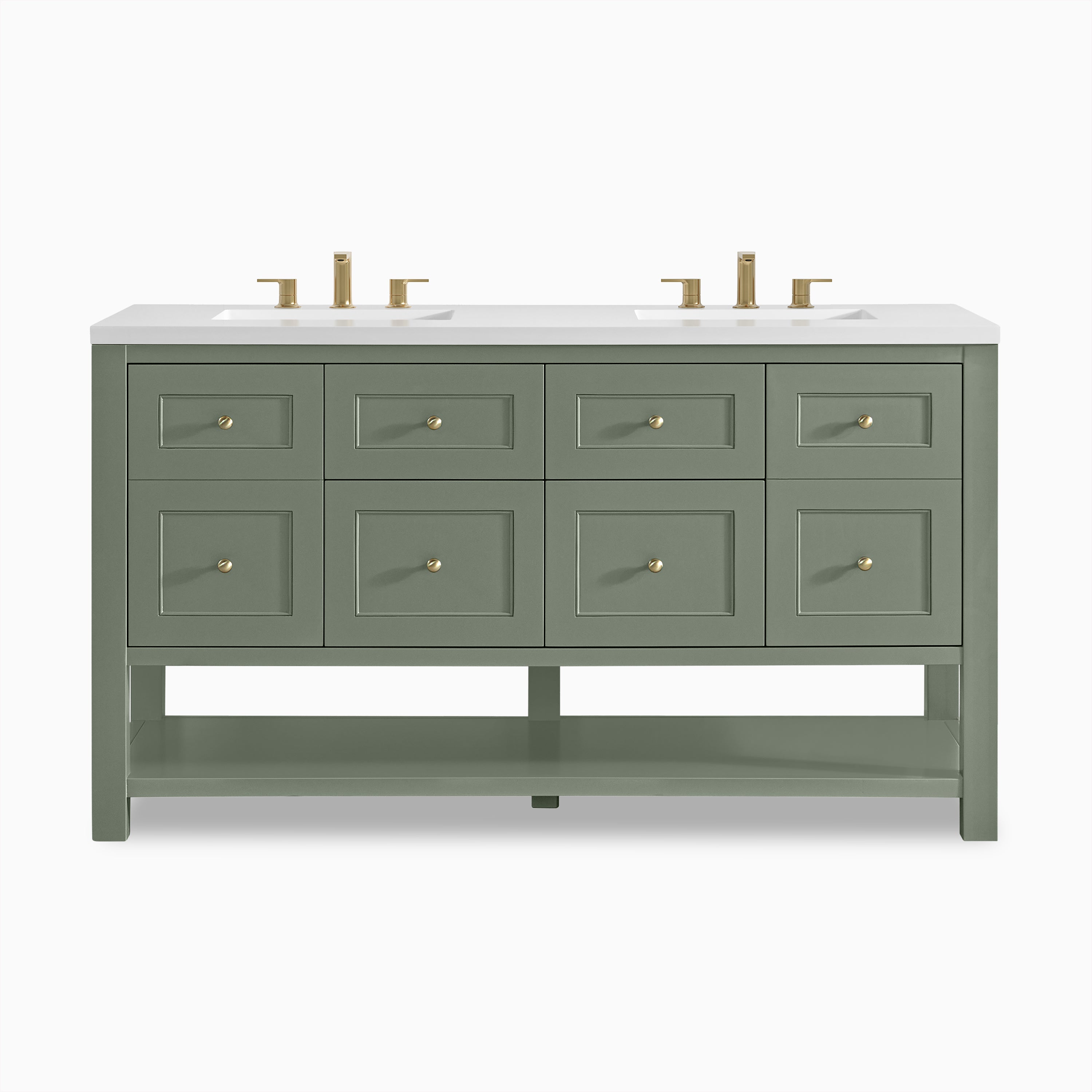 Bridgette 60" freestanding double vanity in soft green with champagne brass knobs and twin coordinating widespread faucets.