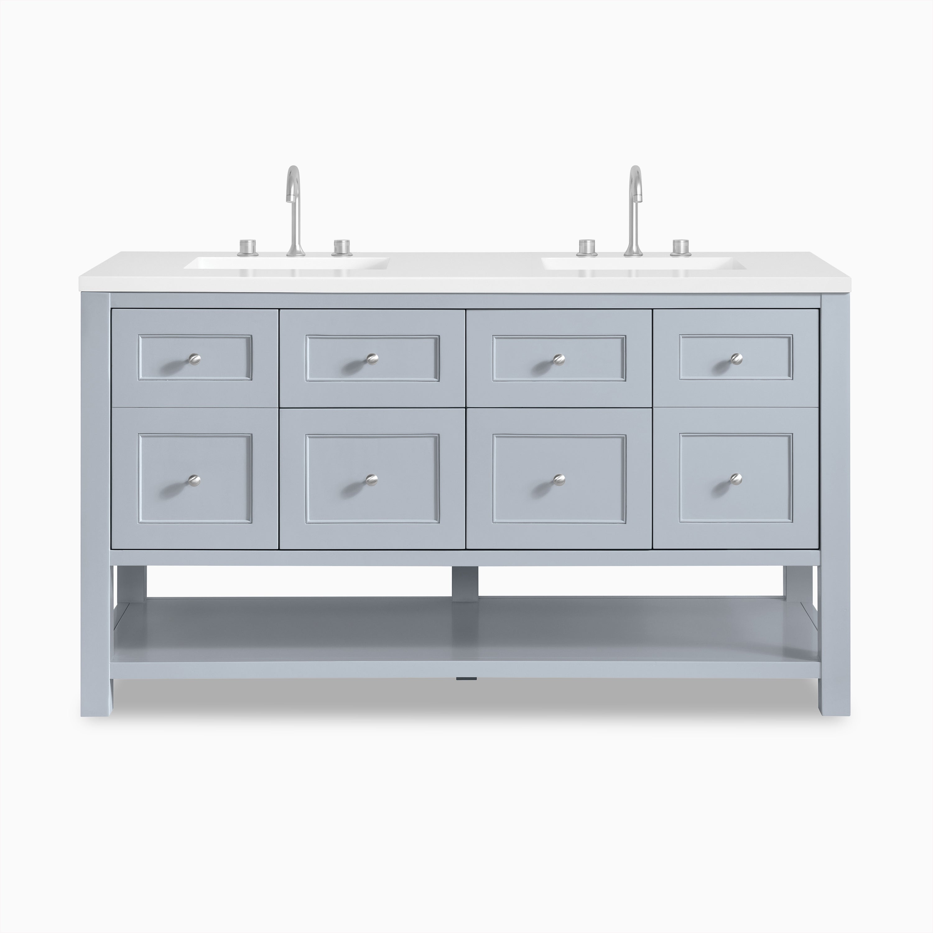 Bridgette 60" freestanding double vanity in serenity blue with satin nickel knobs and sleek dual silver-tone widespread faucets.