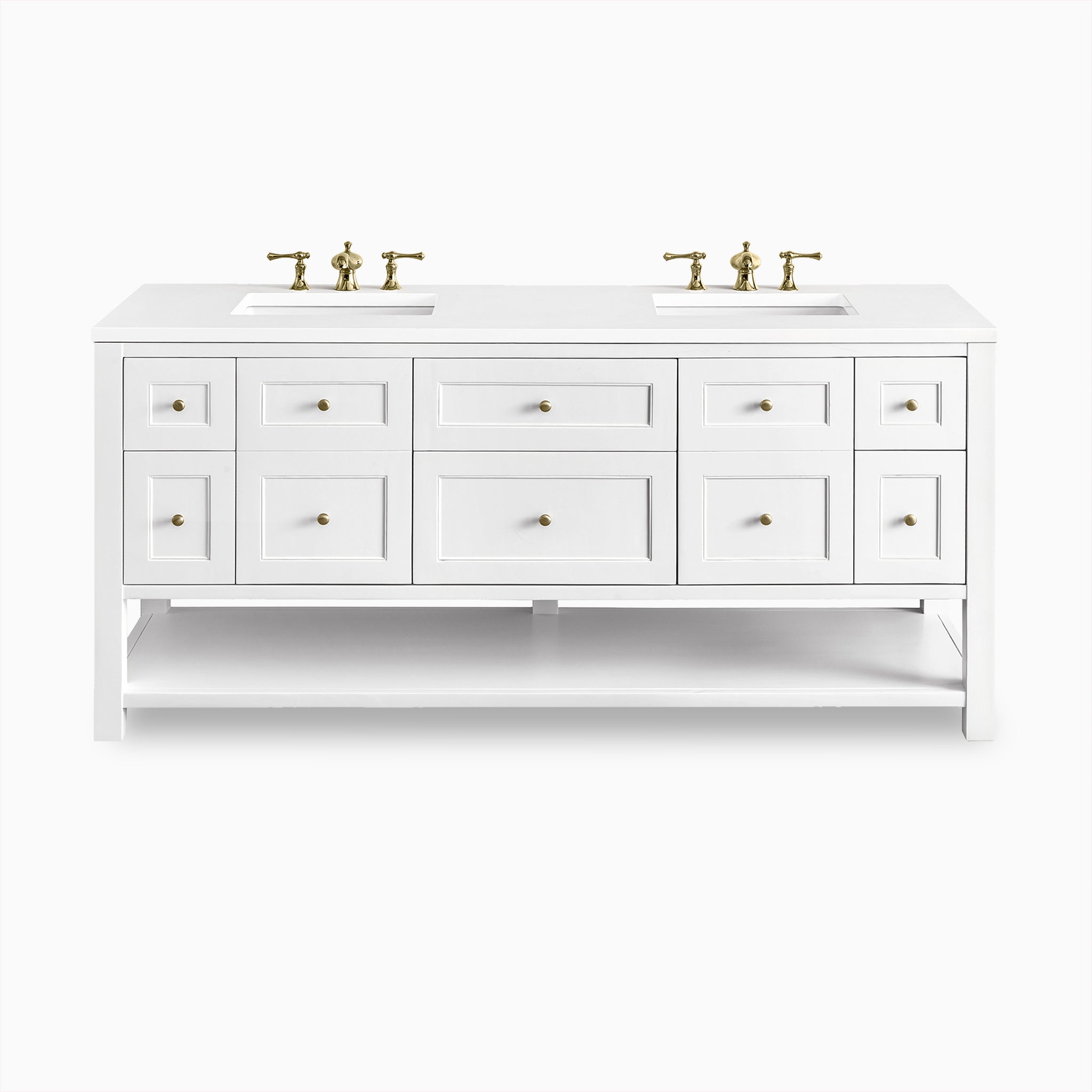 Bridgette 72" freestanding double vanity in bright white with champagne brass hardware and a spacious under-shelf for elegant, functional storage.