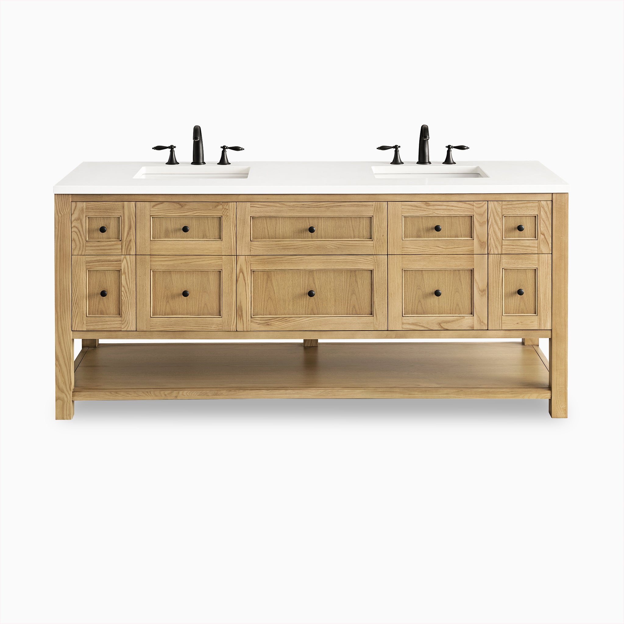 Bridgette 72" freestanding double vanity in light natural oak with matte black hardware, showcasing warm woodgrain and generous open shelf storage.