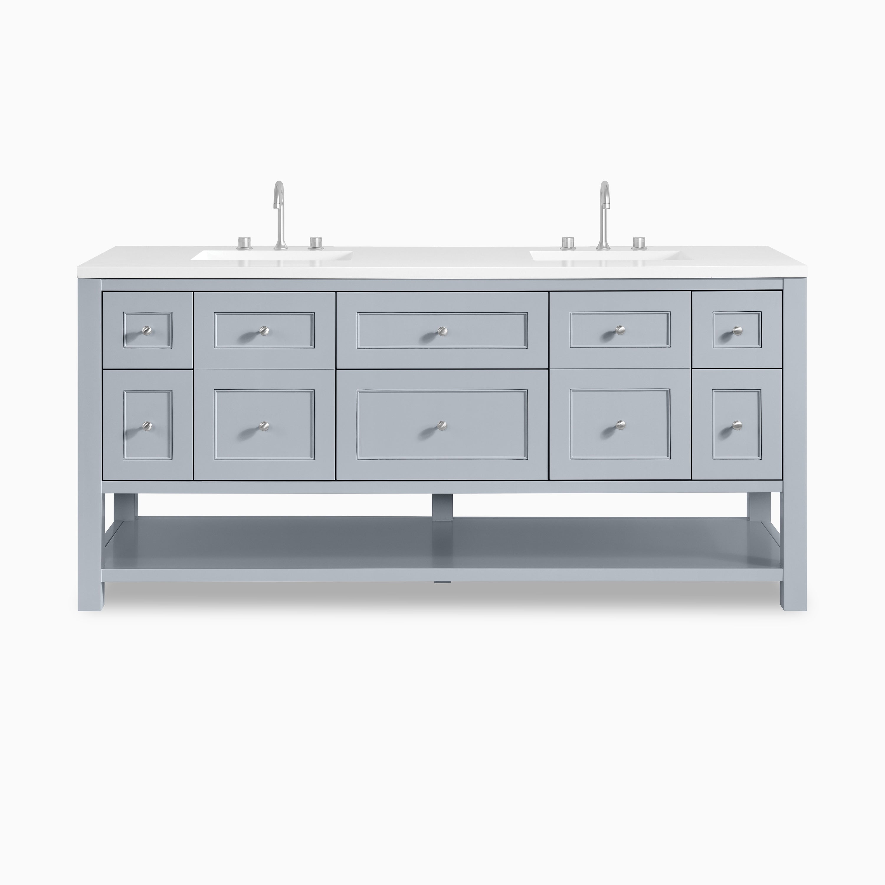 Bridgette 72" freestanding double vanity in serenity blue with satin nickel hardware and sleek white quartz countertop, exuding coastal elegance and ample storage.