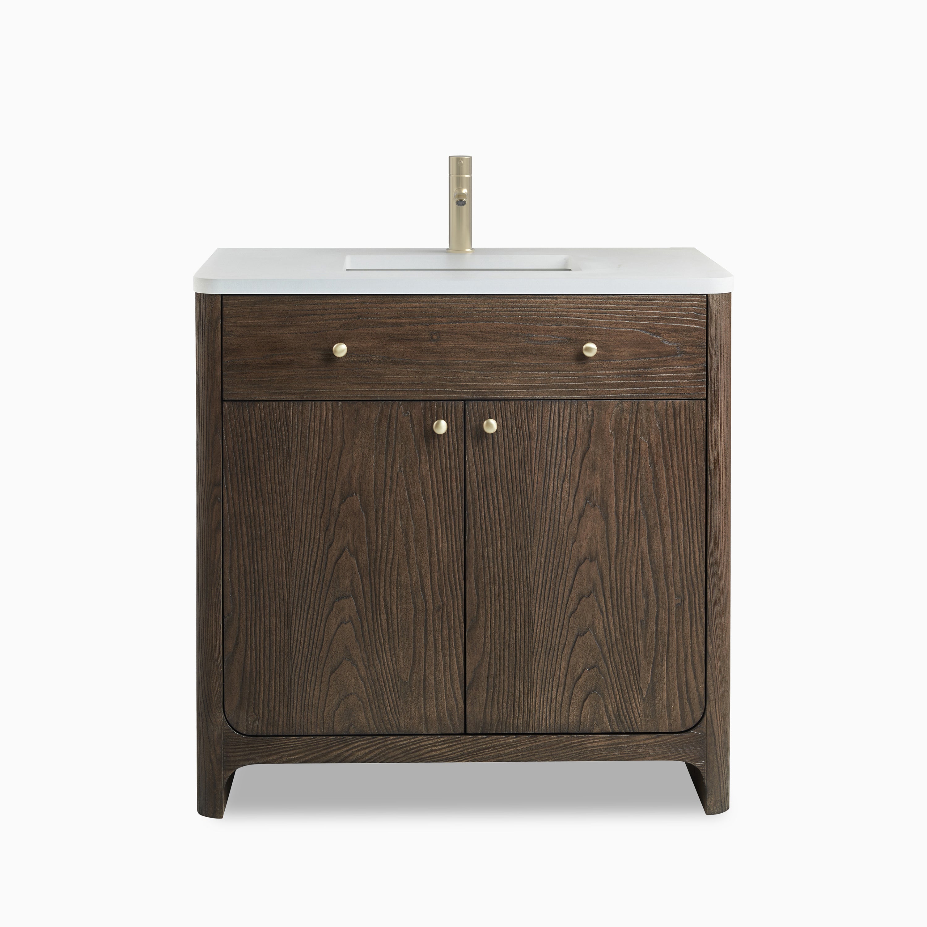 36" single vanity in sable ash wood with white zeus quartz top, champagne brass knobs, and wide upper drawer design.
