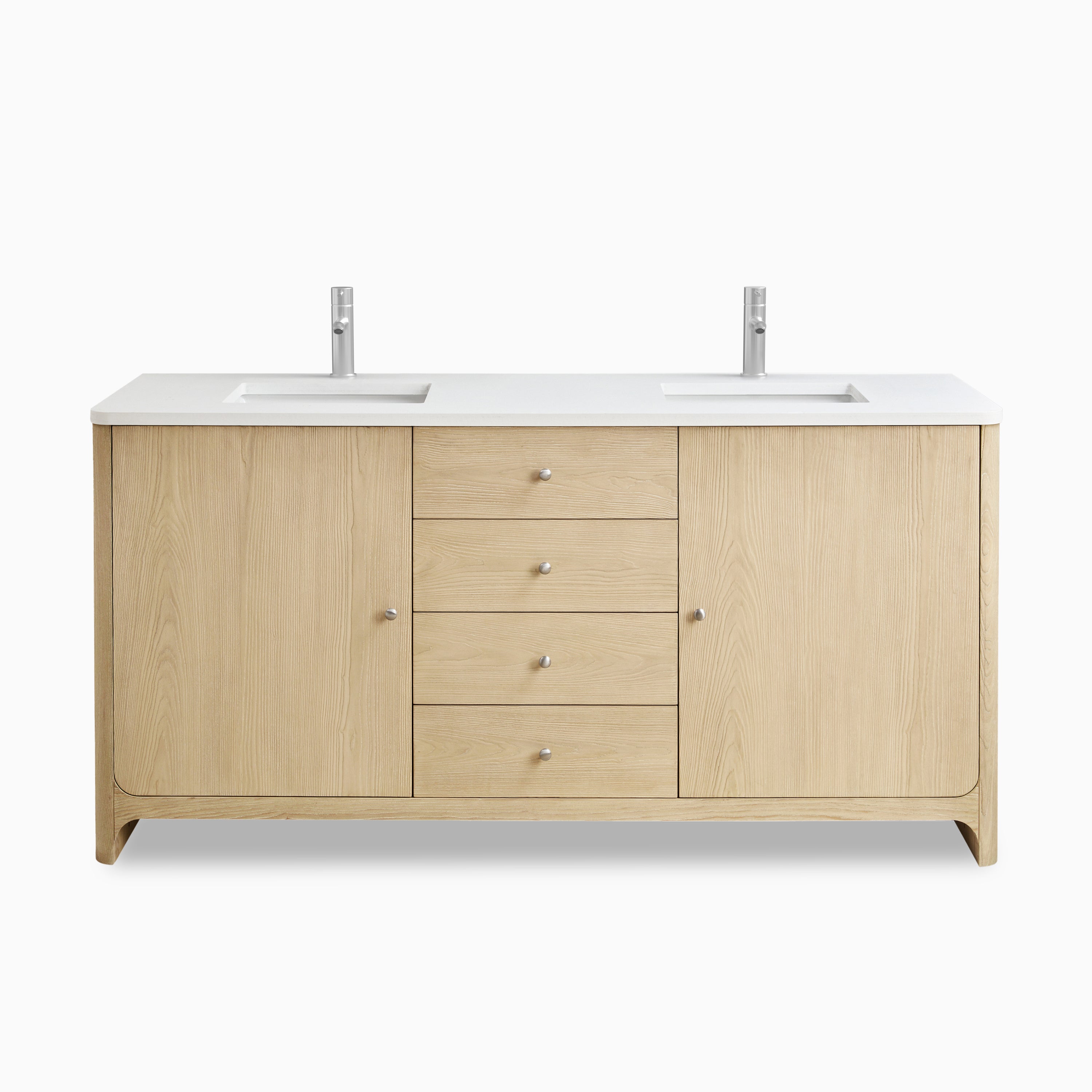 72" double vanity in light coastal driftwood finish with white zeus quartz top, satin nickel hardware, and sleek dual sinks.