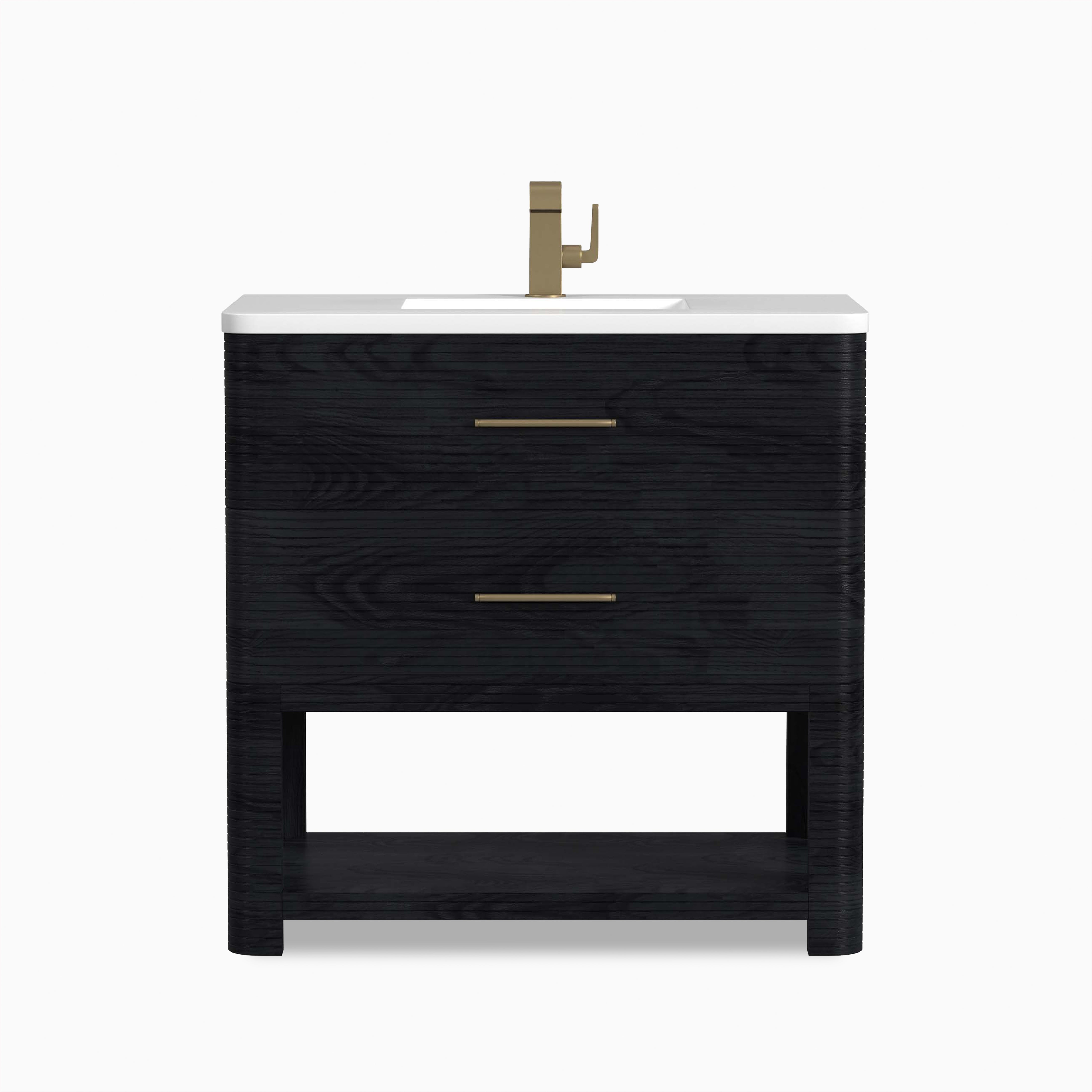 The Paxton 36" Vanity in Dark Oak features ribbed wood grain, a crisp white quartz top, open shelf, and slender brass hardware for a bold yet balanced modern finish.
