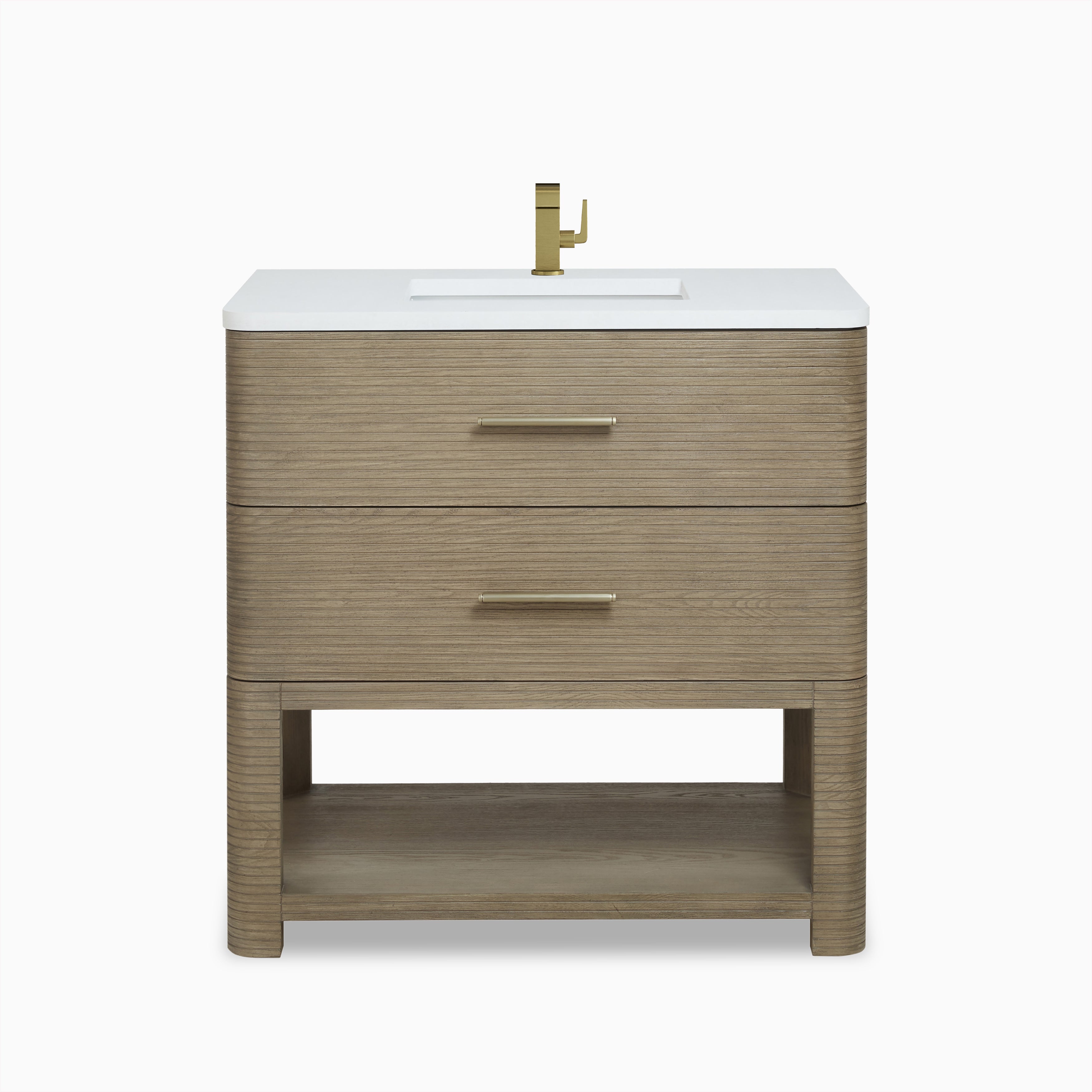 Front-facing Paxton 36" Single Vanity in Pebble Oak with ribbed wood texture, brushed brass handles, White Zeus Quartz Top, and pre-drilled faucet hole above center basin.
