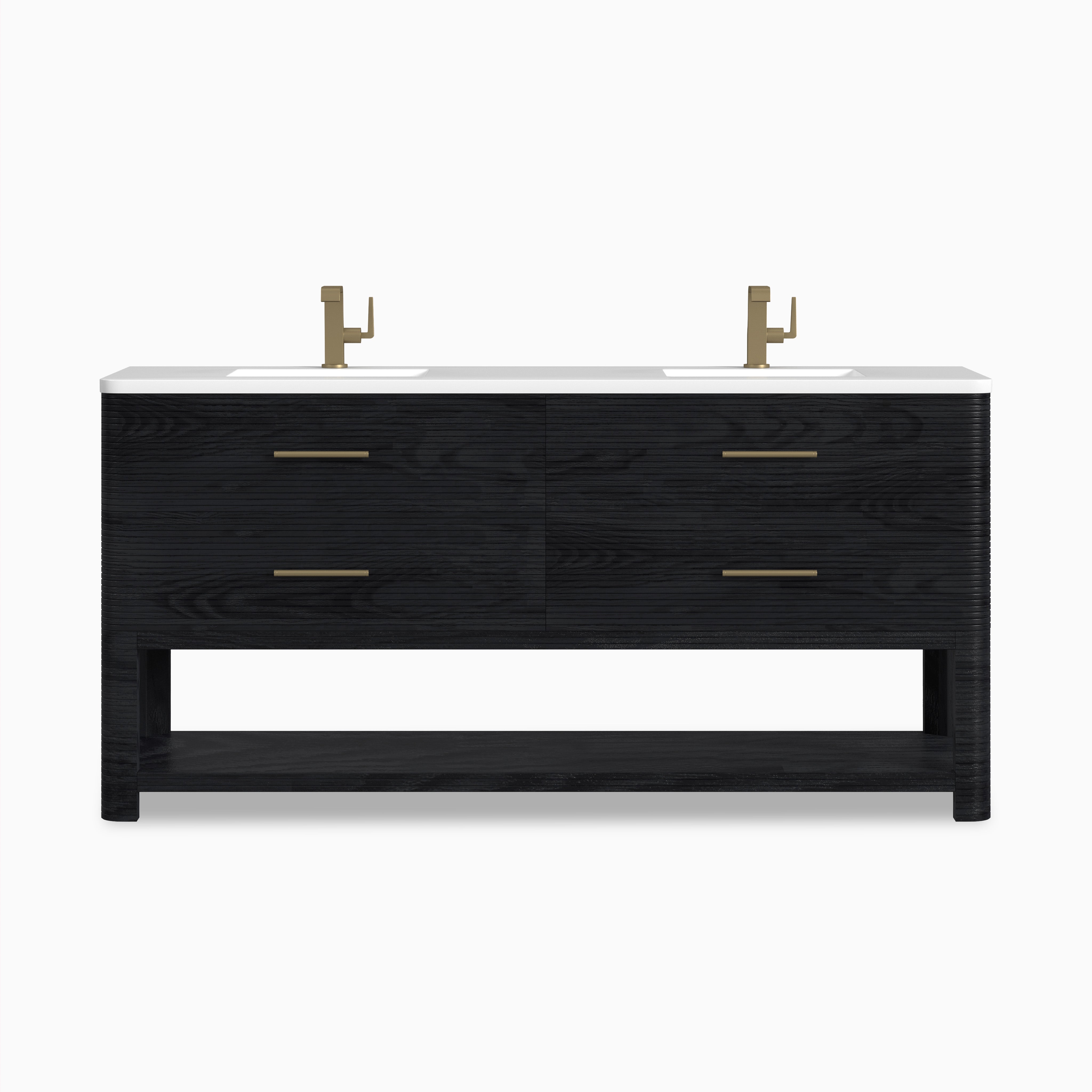 Paxton 72" Double Vanity in Carbon Oak with 3 cm White Zeus Quartz Top brings striking texture, deep black finish, gold hardware, and sleek dual sink layout to bathrooms.