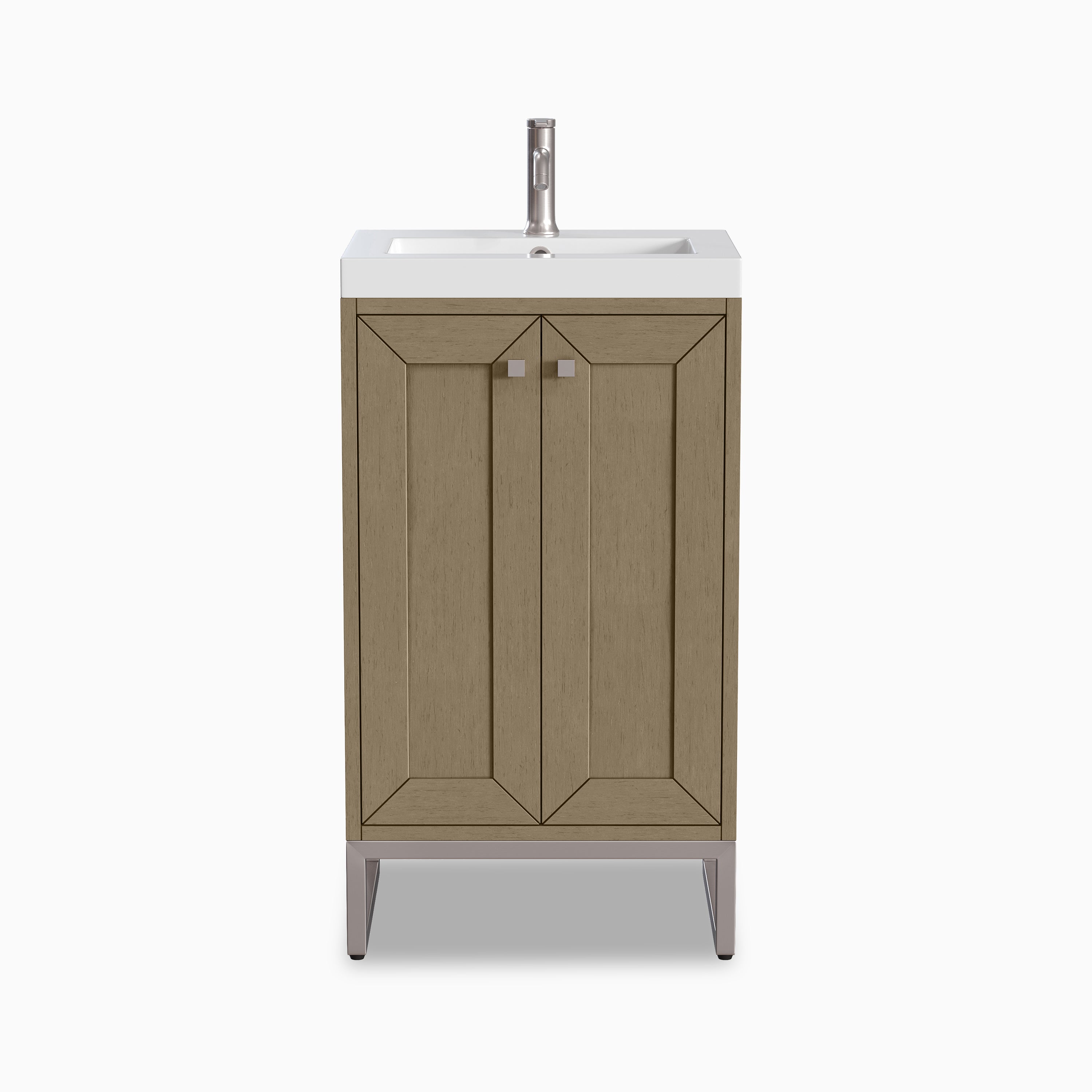 Compact 20" walnut whisper single vanity with white stone countertop, geometric panel doors, and brushed nickel legs.