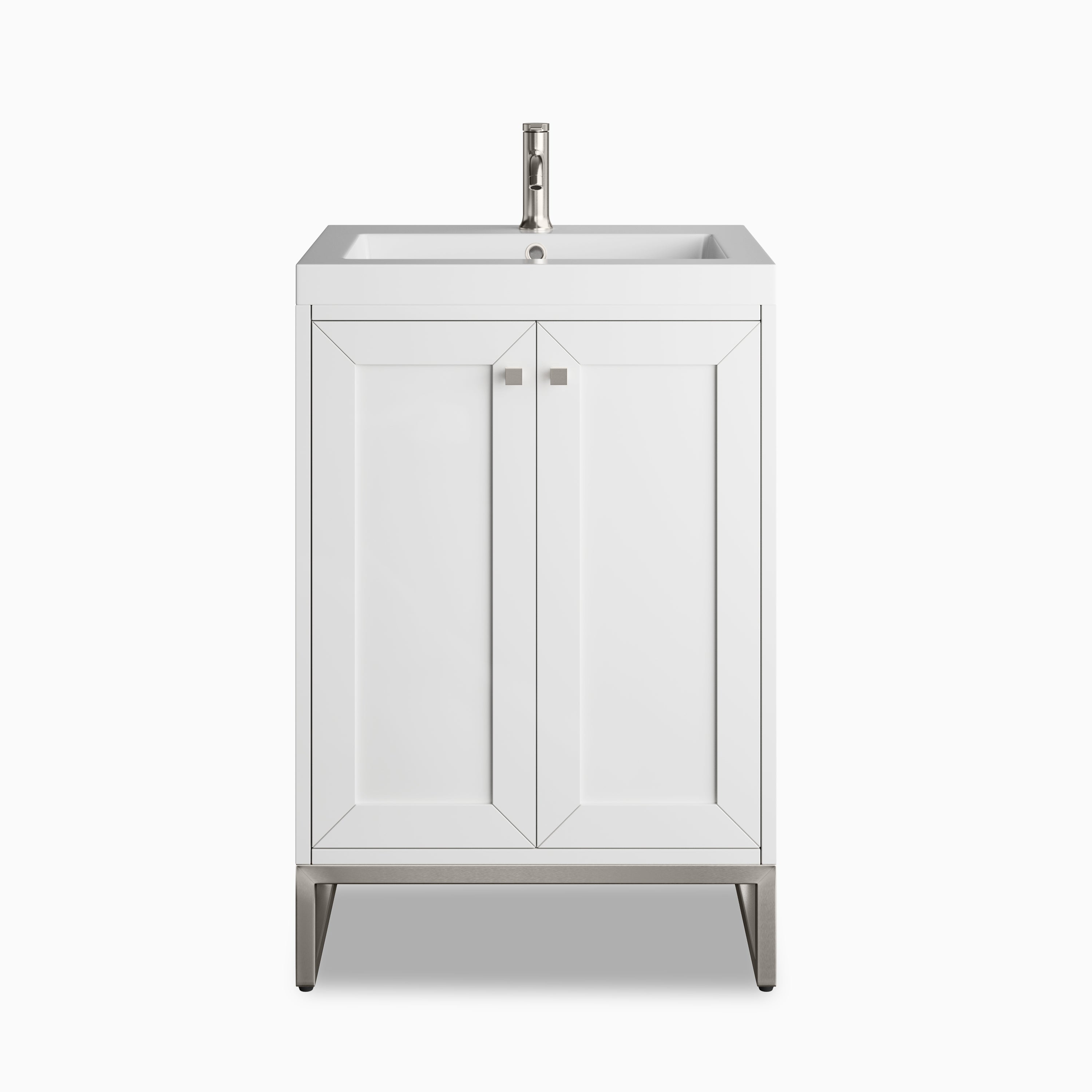 24" single vanity in Glossy White finish with stone sinktop, crisp lines, and brushed nickel hardware for a clean, modern look.