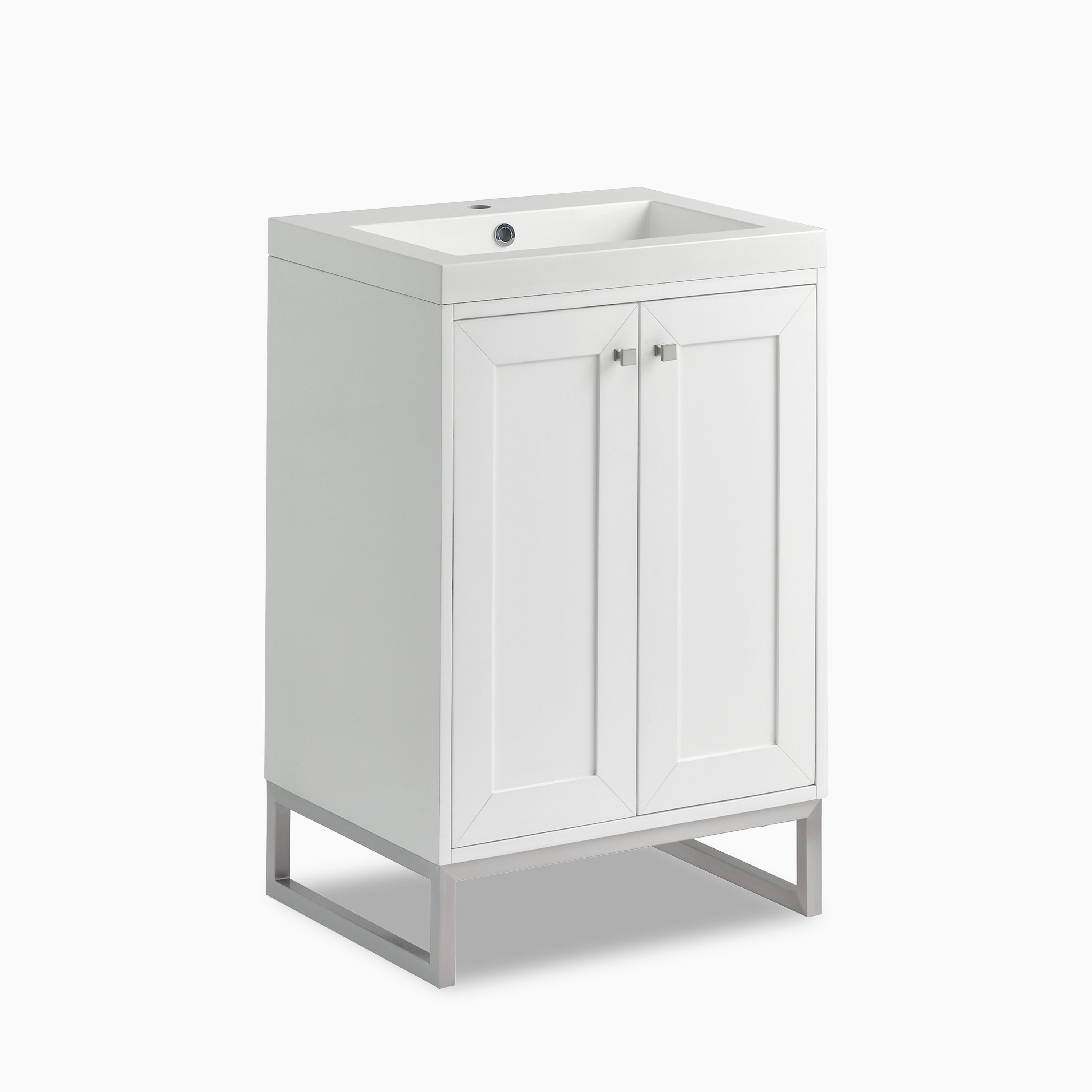 Jensen 24" Single Vanity in Glossy White & Brushed Nickel with White Glossy Composite Stone Top