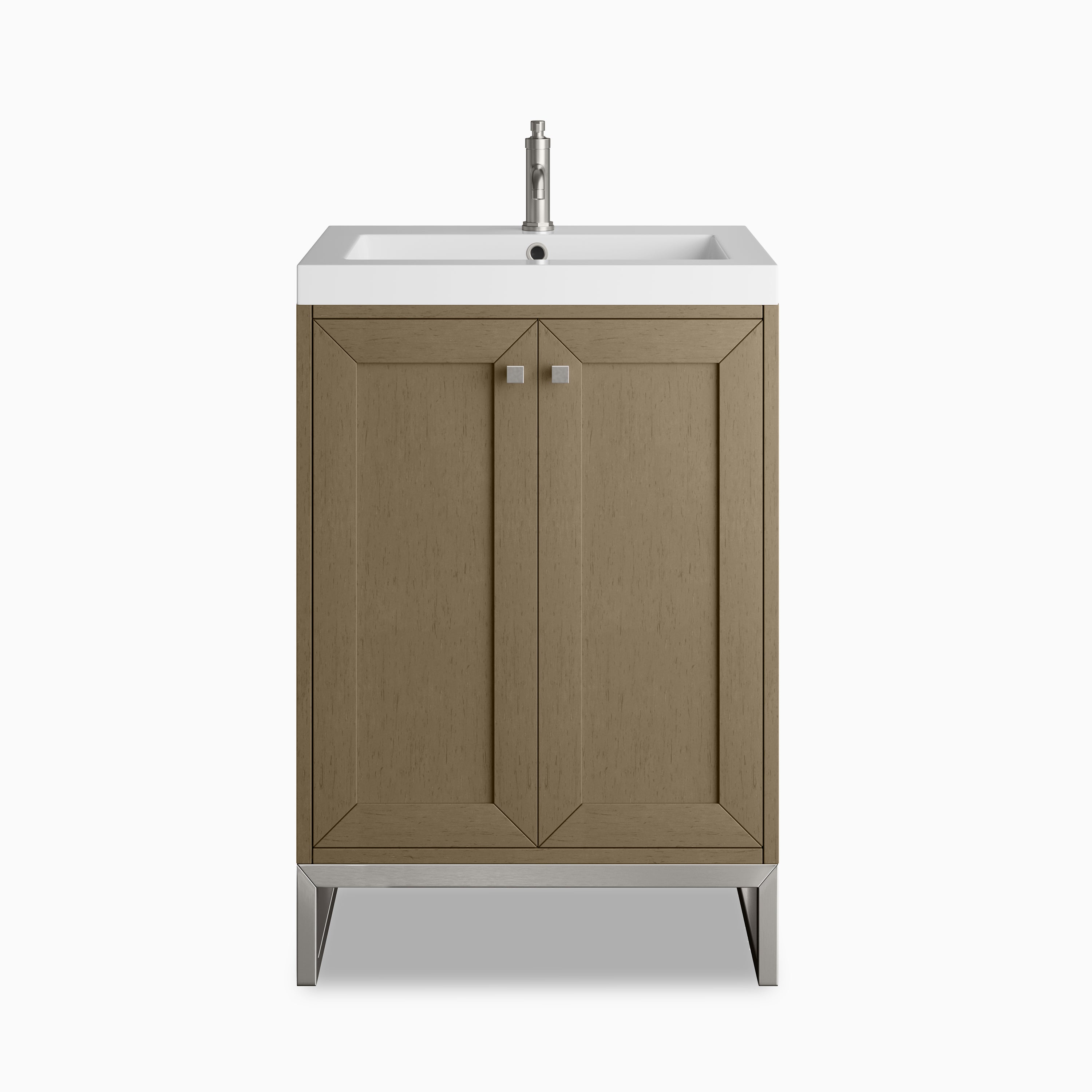 24" single vanity in Walnut Whisper with white stone integrated sinktop, paneled doors, and brushed nickel base for modern elegance.