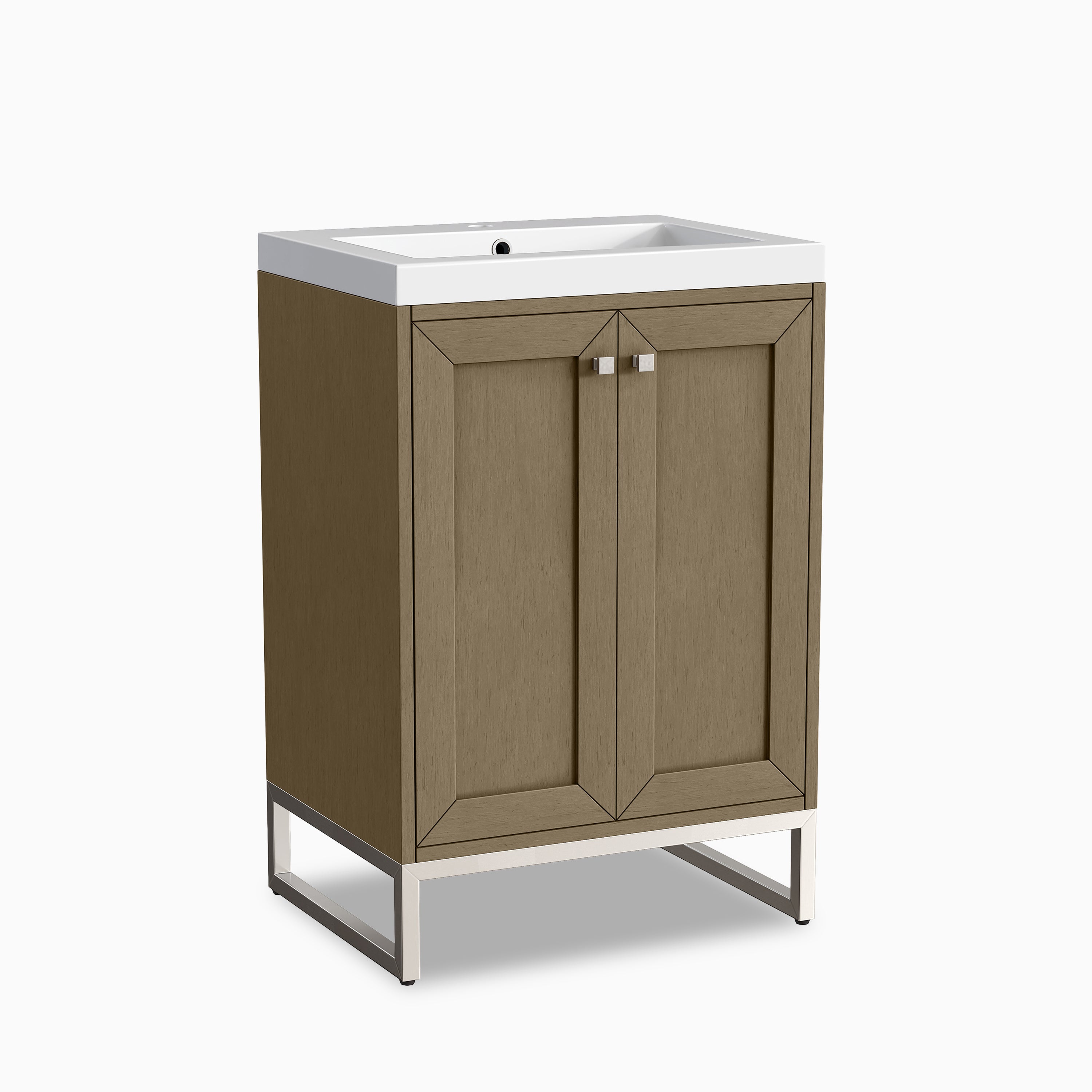 Jensen 24" Single Vanity in Walnut Whisper & Brushed Nickel with White Glossy Composite Stone Top