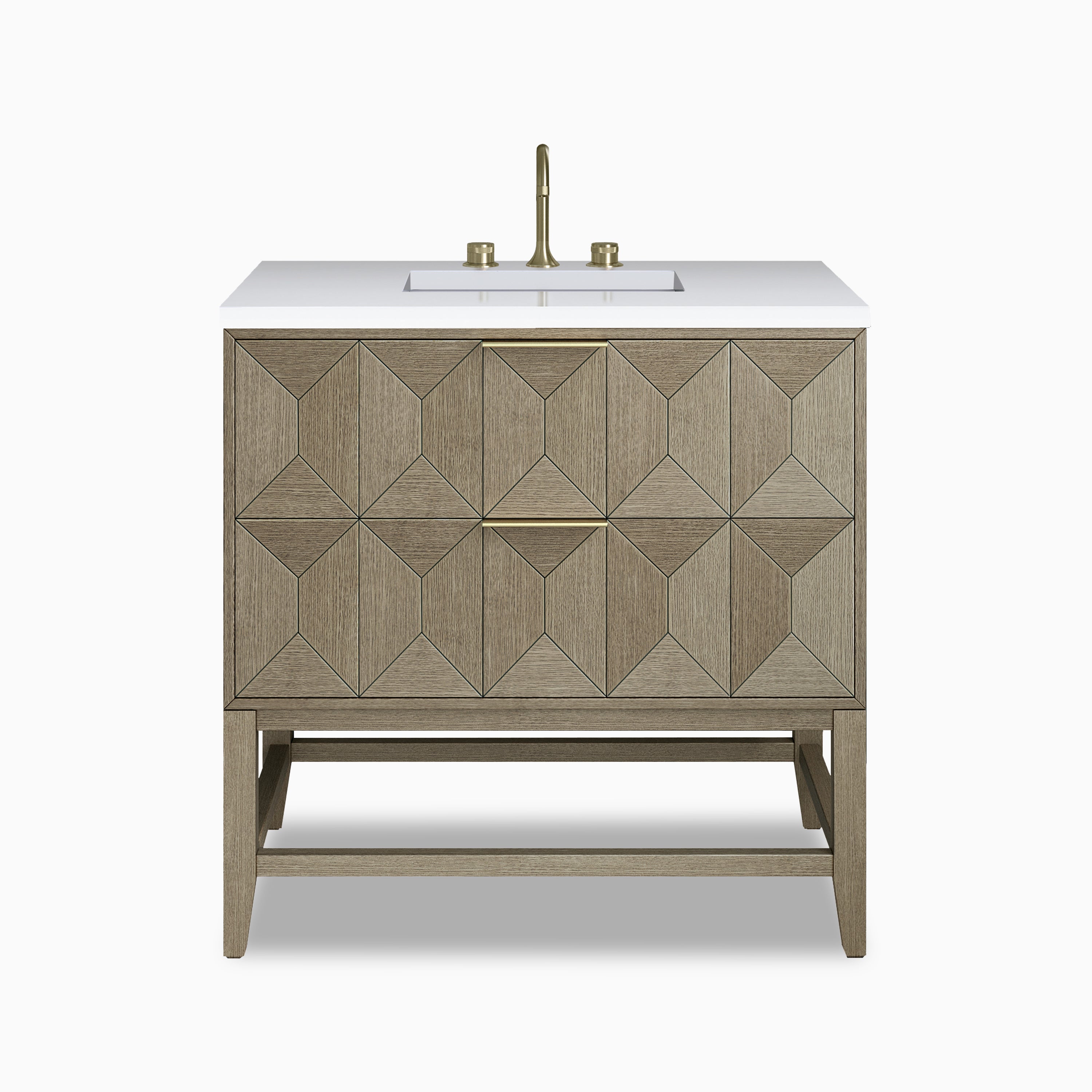 Gwen 36" single vanity in pebble oak featuring sculptural diamond-patterned drawer fronts and brass accents beneath a white quartz sinktop.