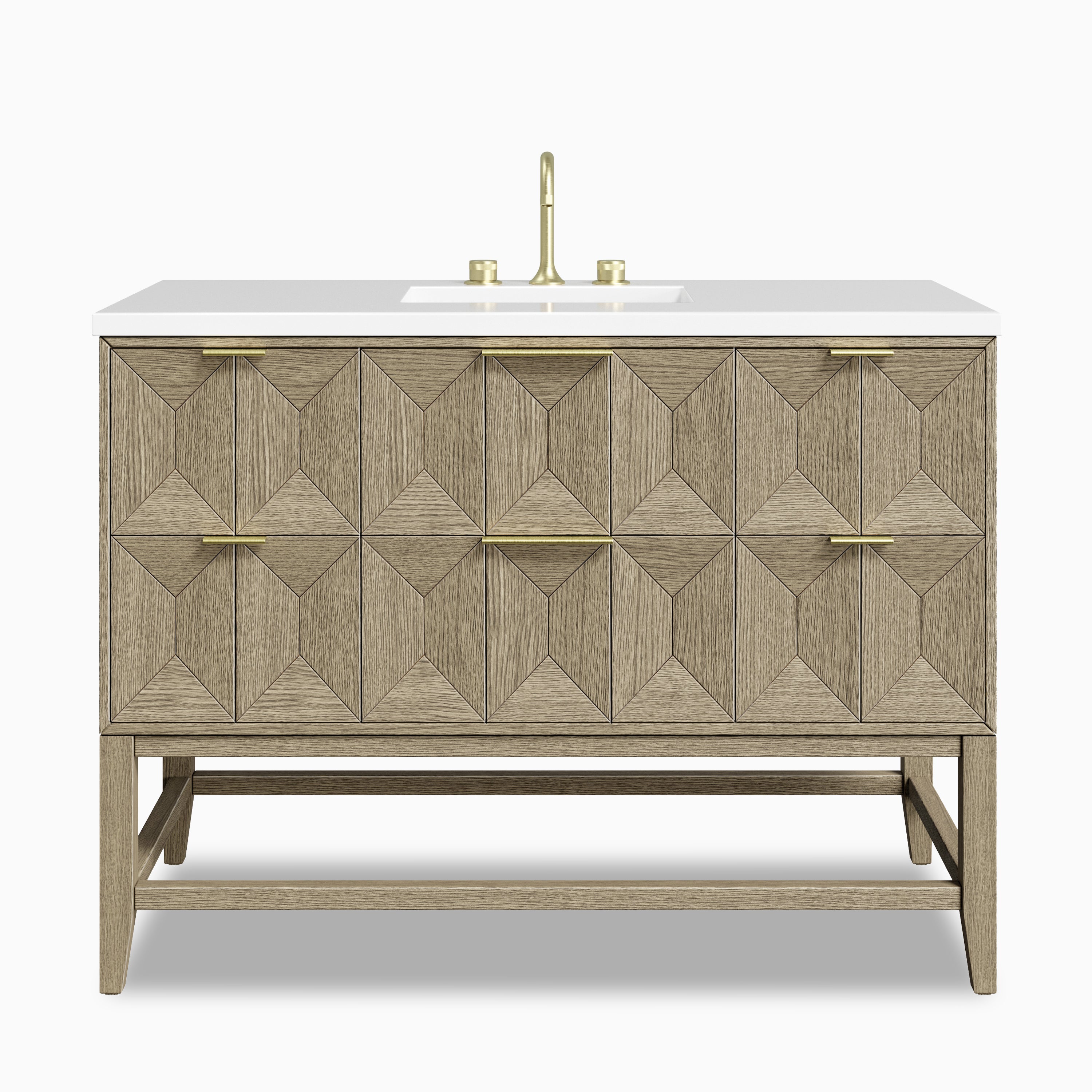 Gwen 48" single vanity in pebble oak with geometric diamond facade and slim brass pulls, topped with a sleek white quartz counter.