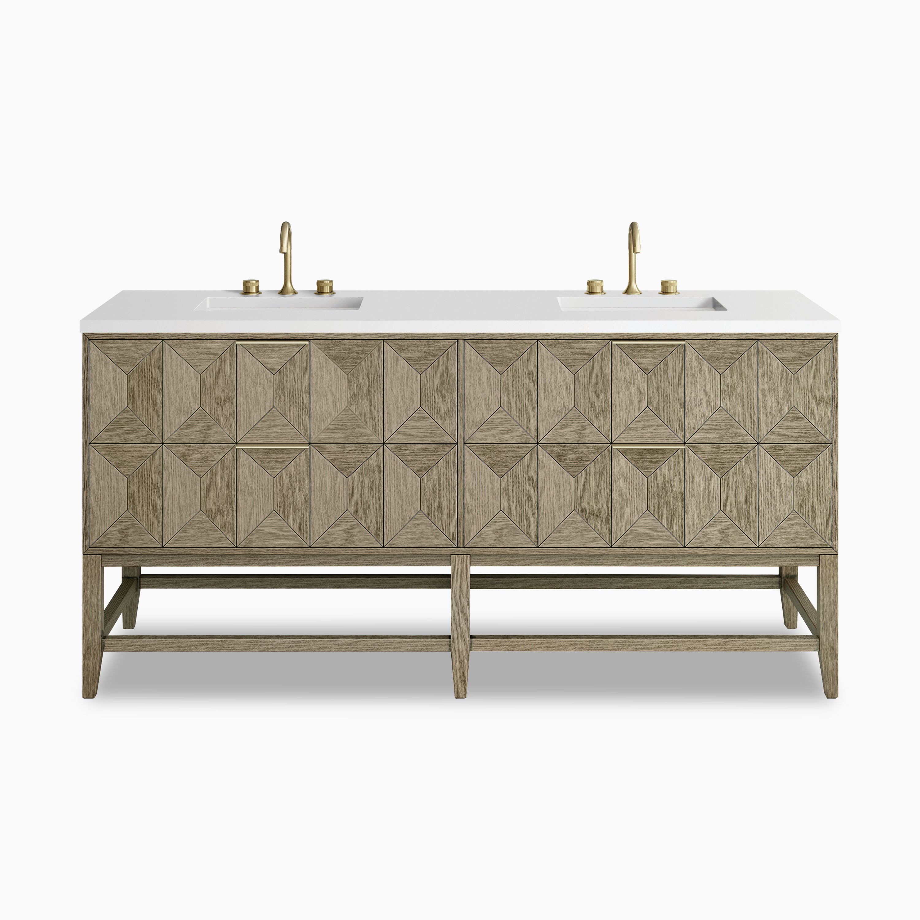 Gwen 72" double vanity in pebble oak featuring a striking geometric drawer pattern and sleek white quartz countertop with twin sinks.