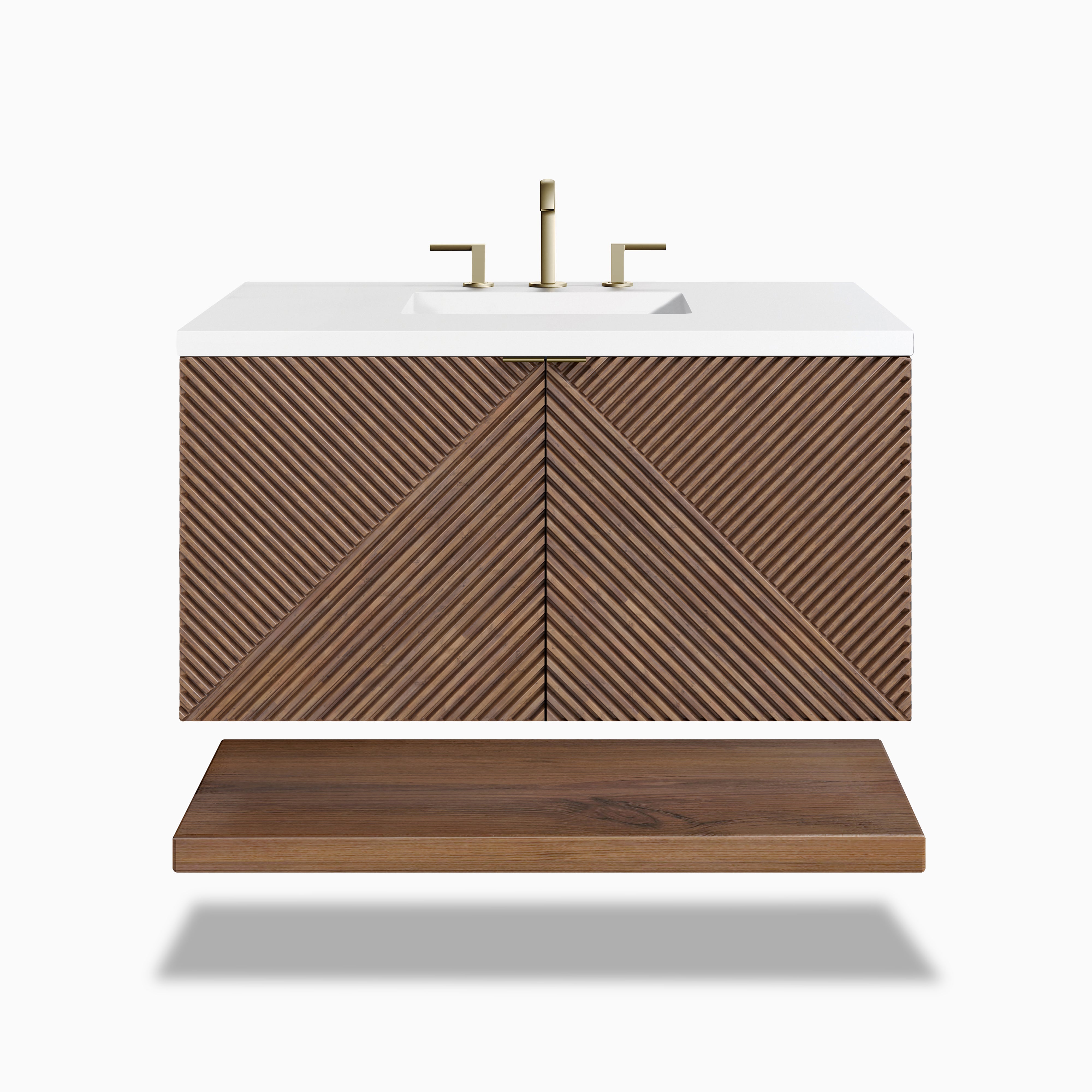 36" floating vanity in deep chestnut with ribbed Acacia doors, white quartz sinktop, and open shelf for airy, modern storage.