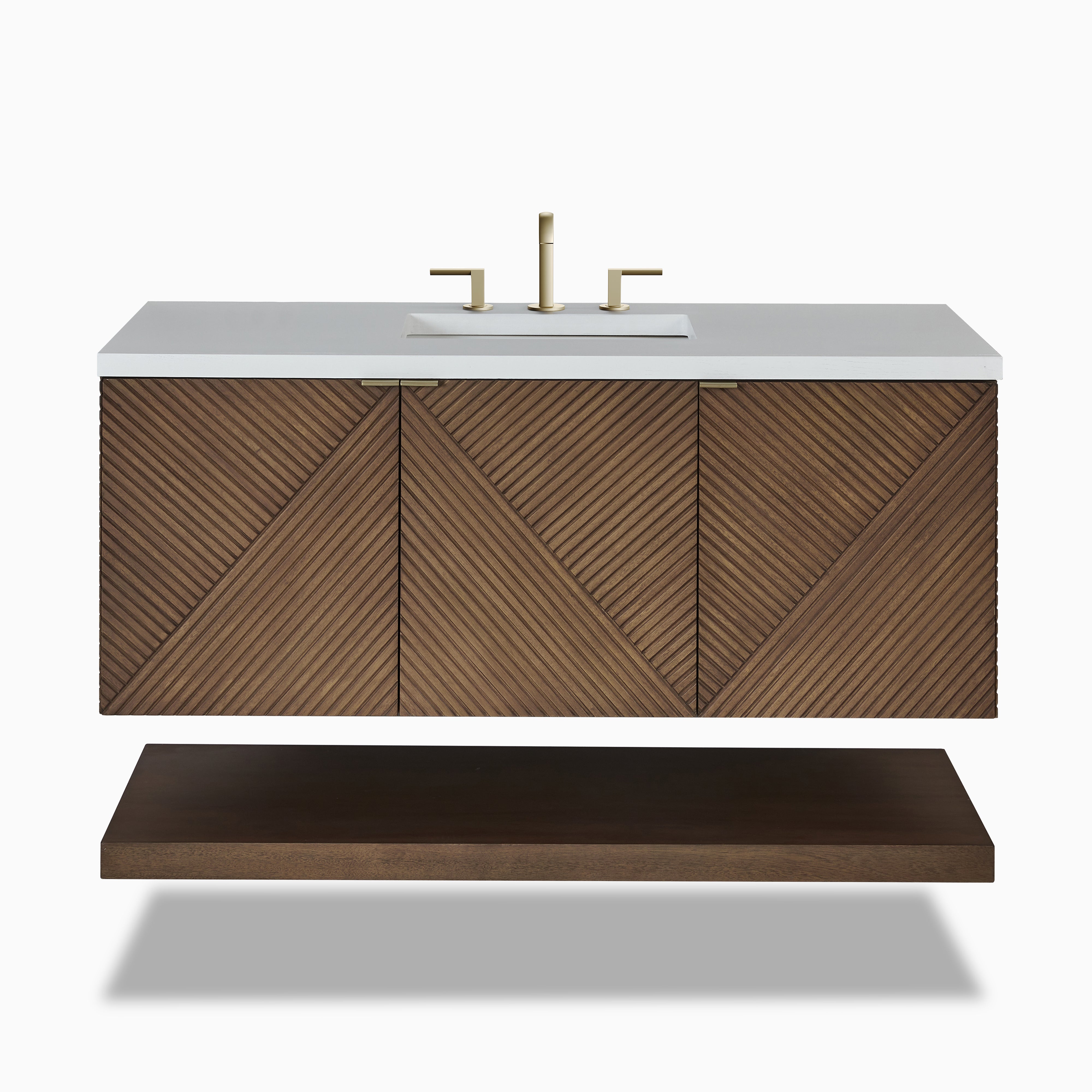 48" chestnut floating vanity with ribbed Acacia doors, white quartz sinktop, soft-close drawers, and a wide open base shelf.