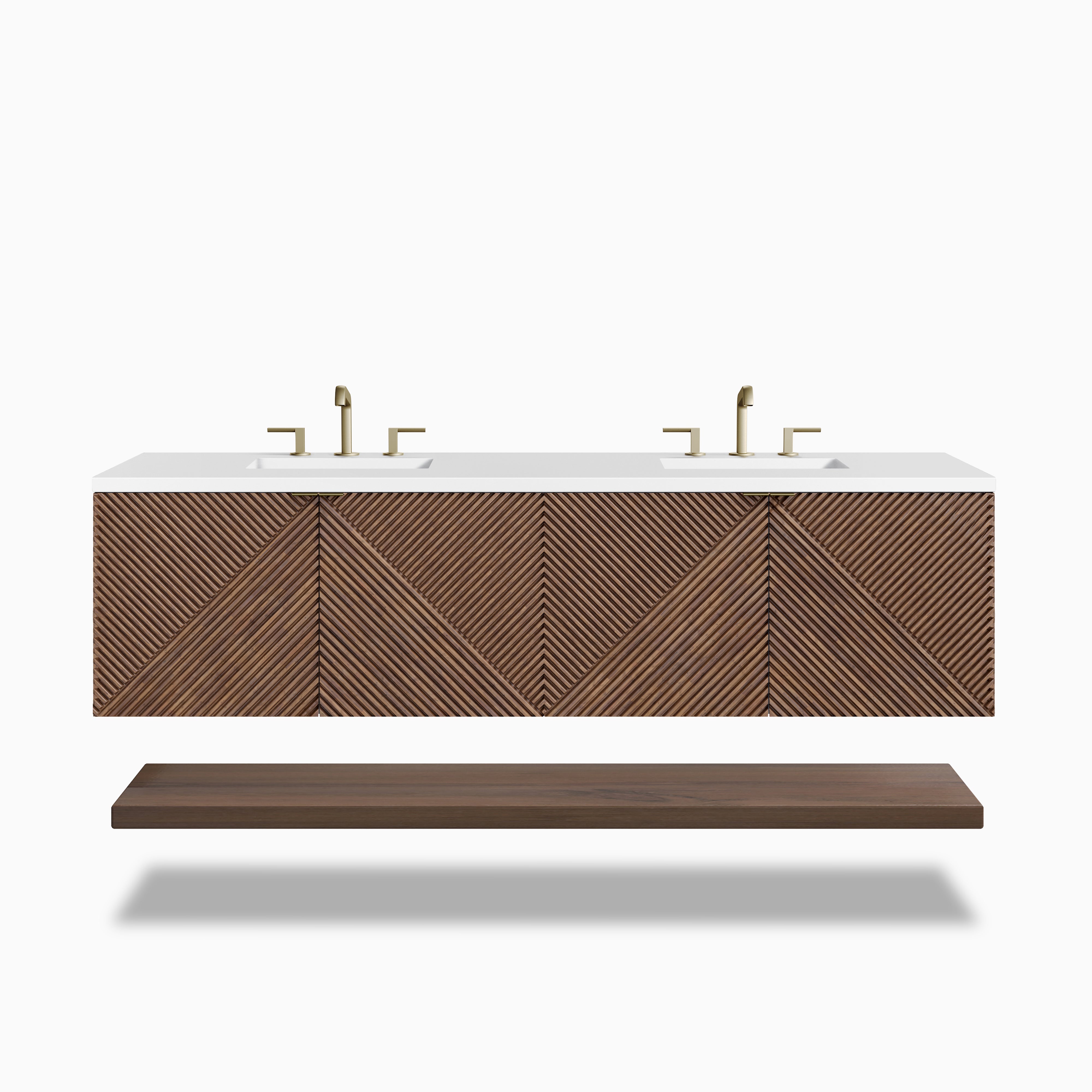 72" chestnut wall-mounted double vanity with ribbed Acacia doors, white quartz sinktop, soft-close drawers, and open base shelf.