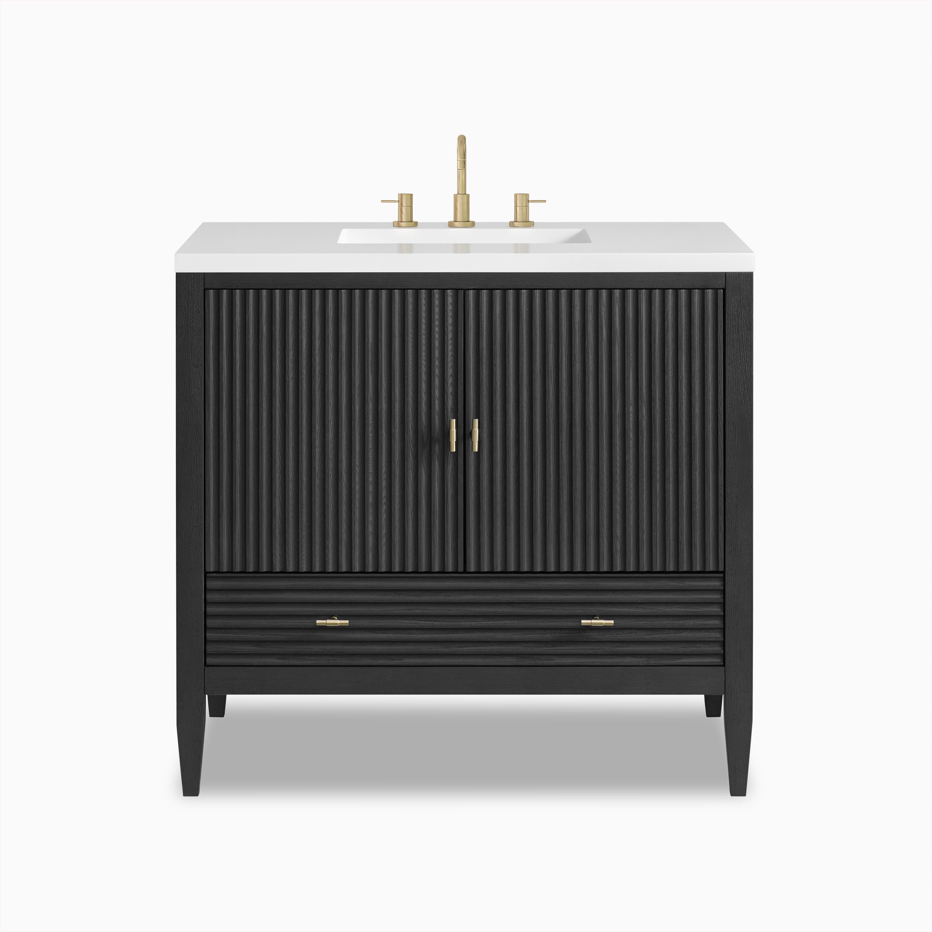 Sasha 36" freestanding single vanity in black finish with fluted doors, brass hardware, and white quartz top.