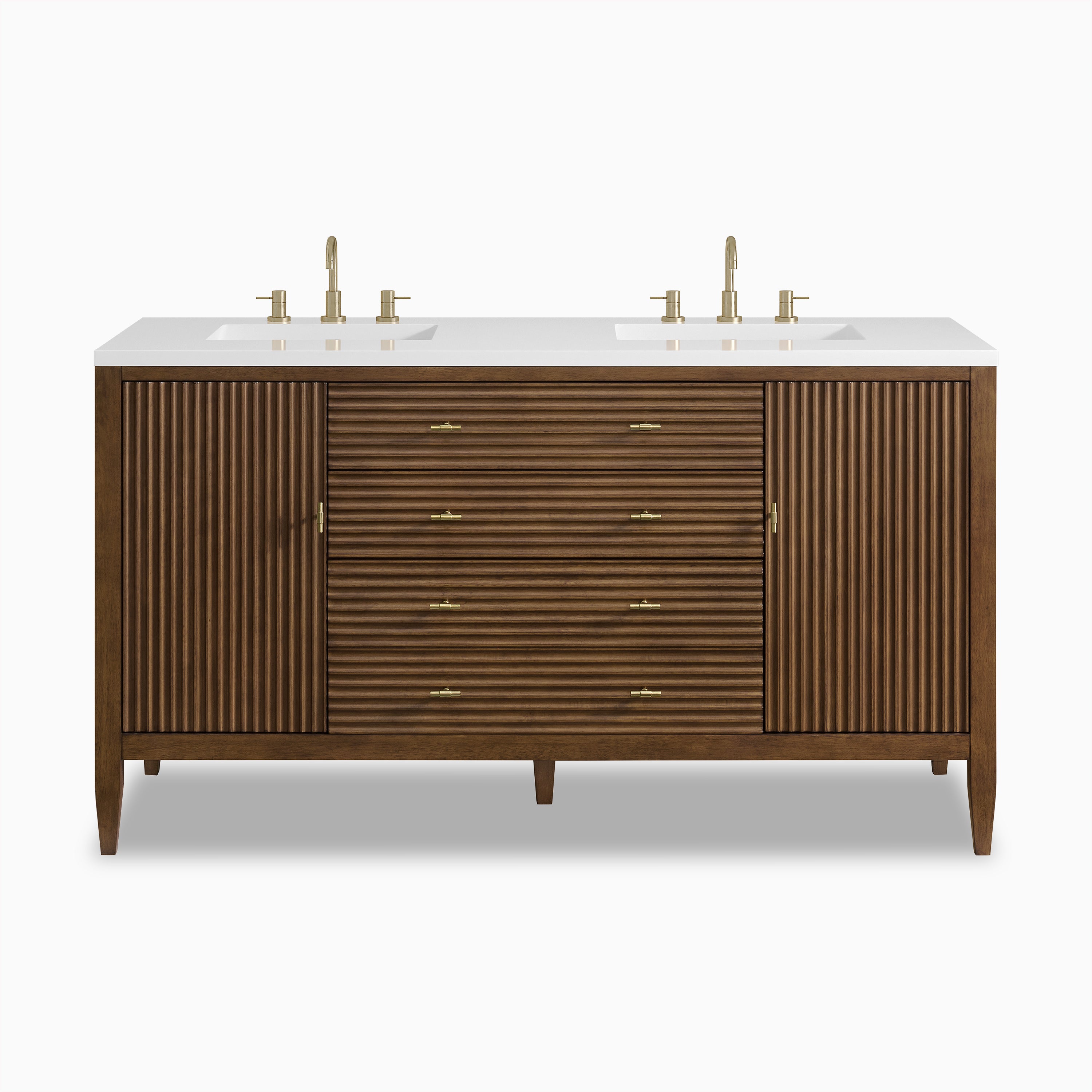 Sasha 60" double vanity in Mid-Century Walnut with fluted doors, central ribbed drawers, and dual brass widespread faucets.