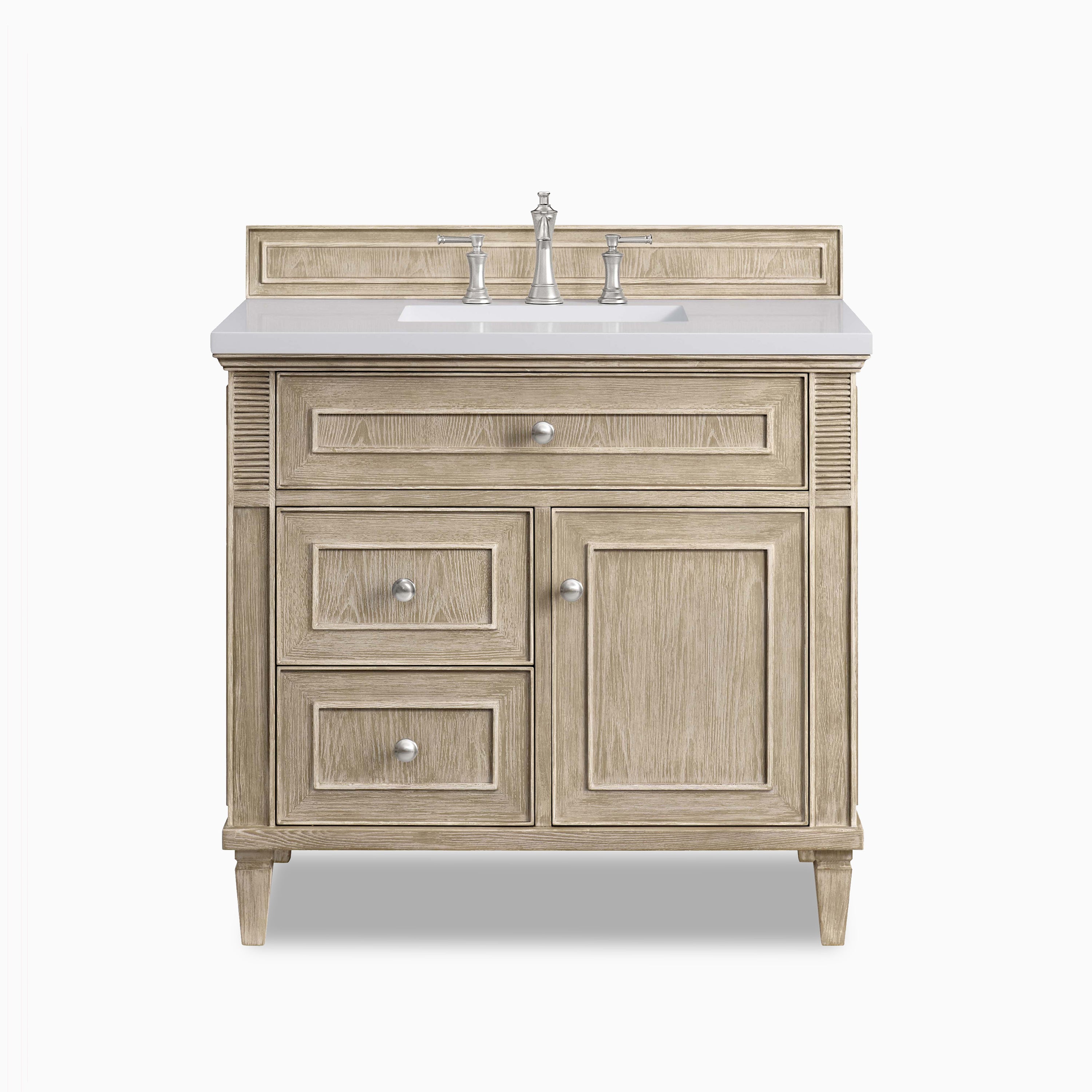 Eloide 36" single vanity in whitewashed oak with fluted corner accents and satin nickel hardware.