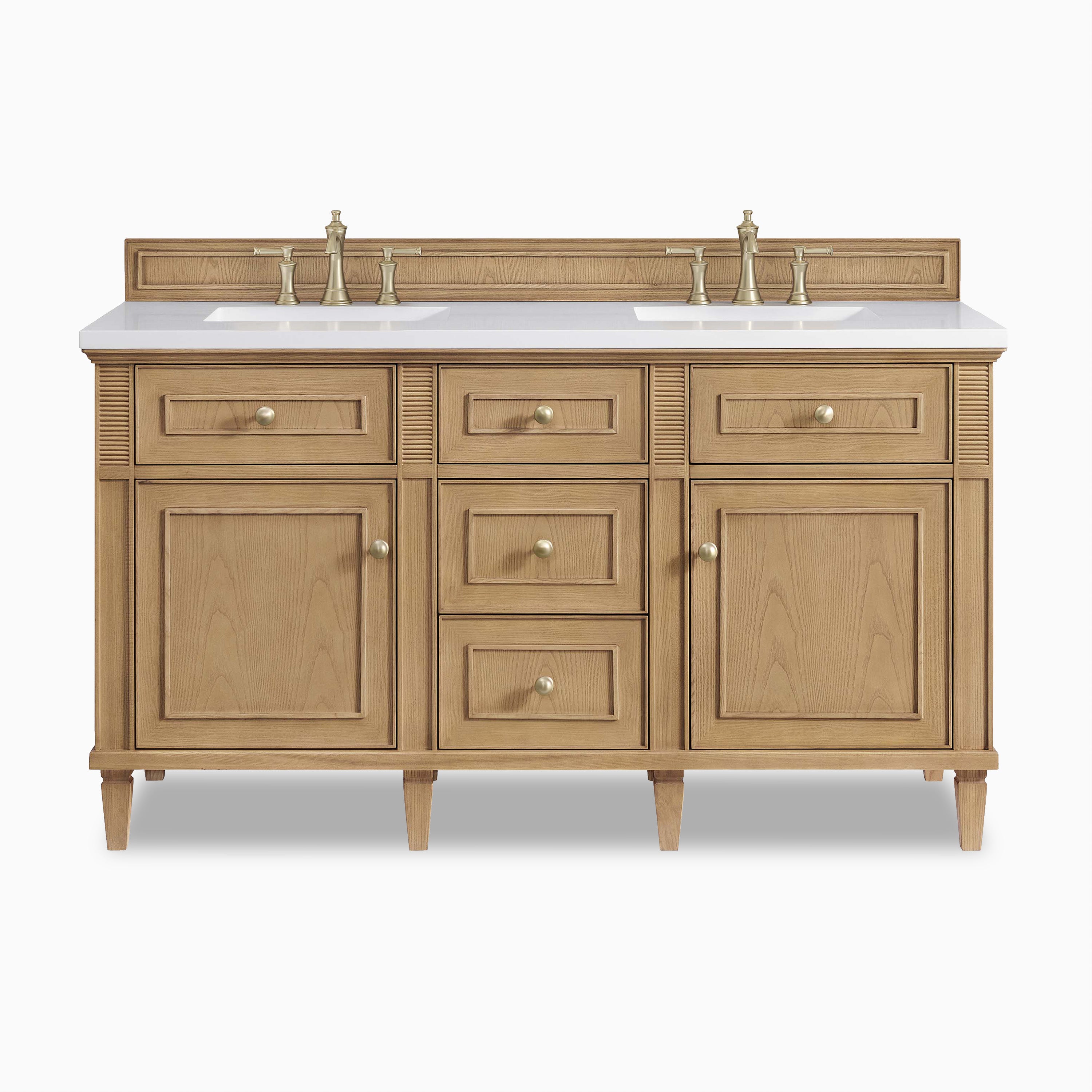 Eloide 60" double vanity in light natural oak with fluted accents and champagne brass knobs, blending classic form with warmth.