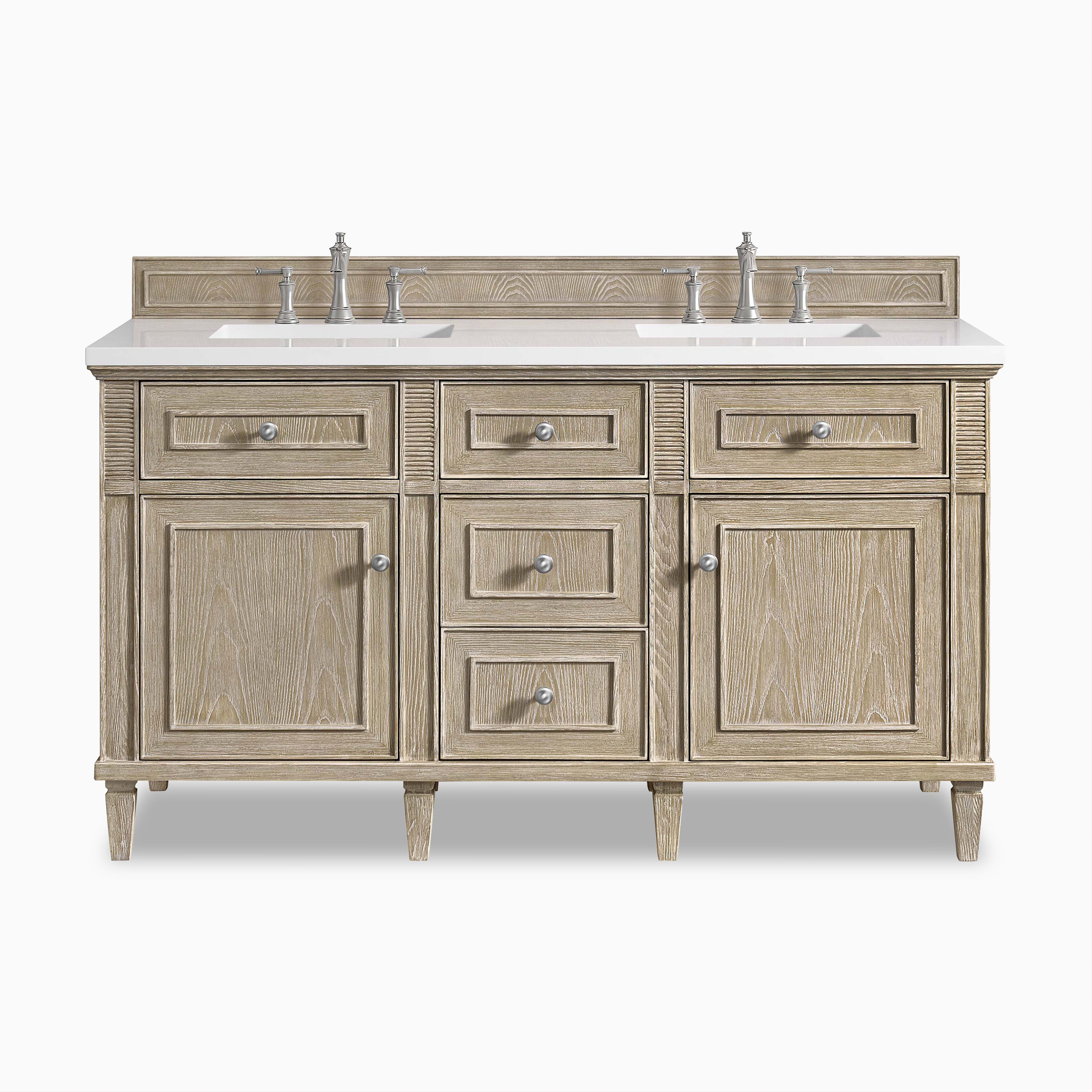 Elodie 60" double vanity in whitewashed oak featuring fluted corners and satin nickel hardware for timeless elegance.