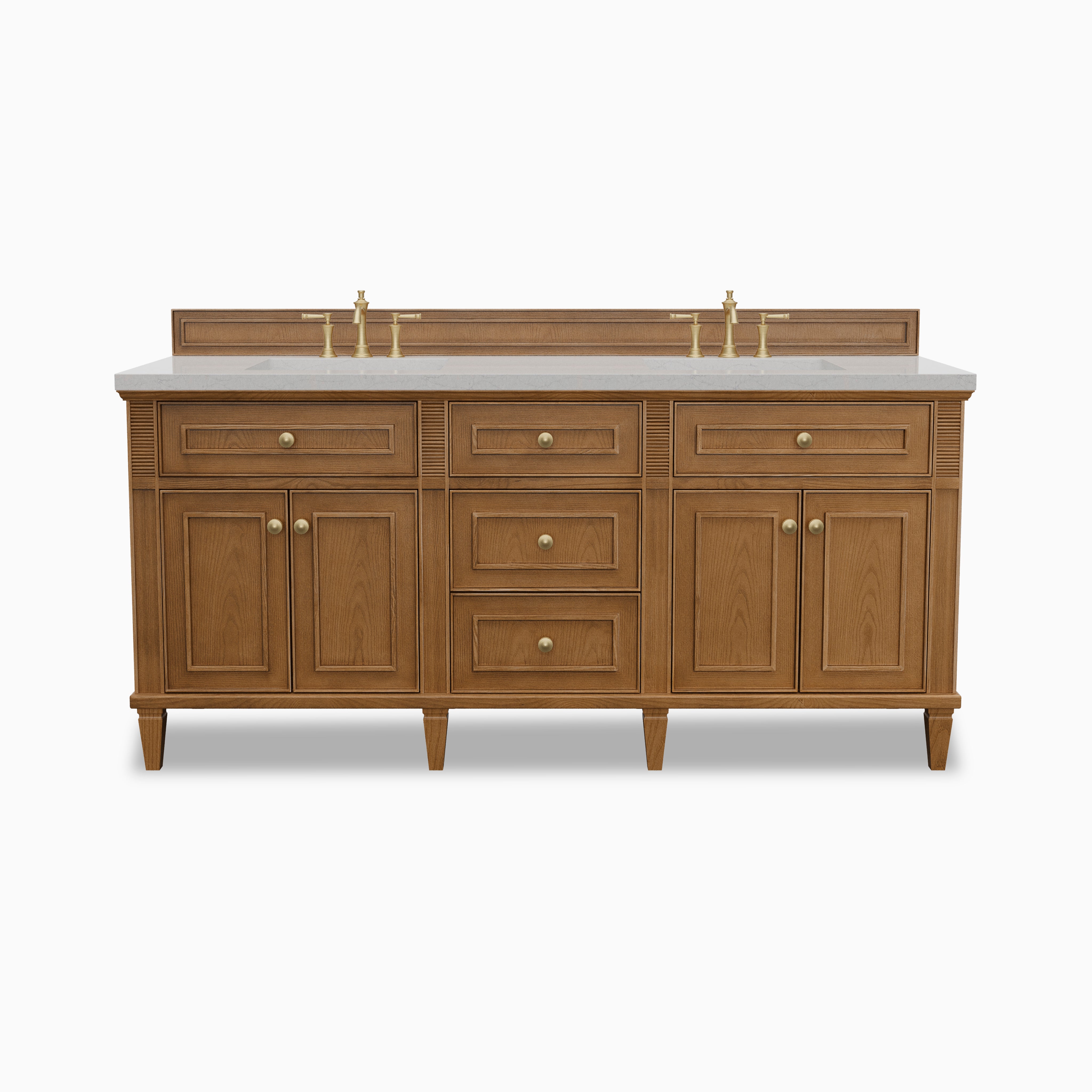 Elodie 72-inch double bathroom vanity in light natural oak with Ethereal Noctis quartz countertop and brass faucets.
